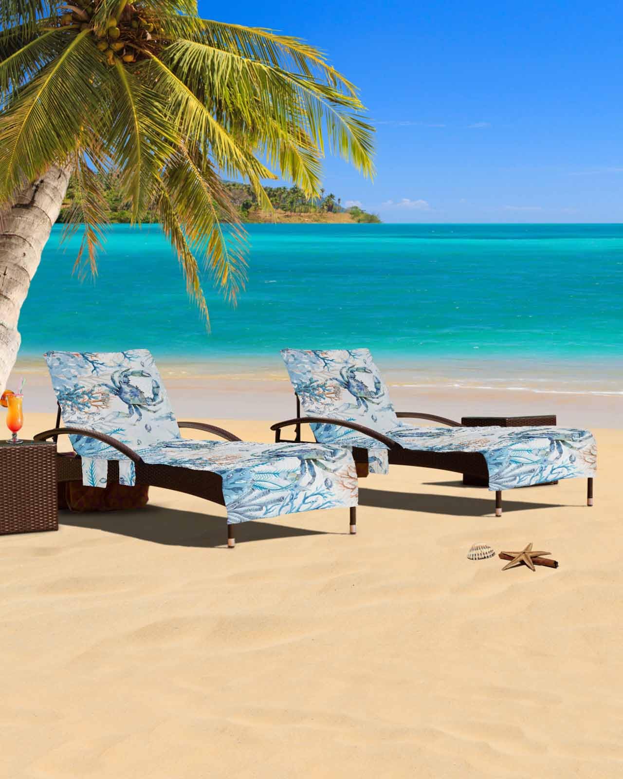 Blue Coastal Crab Beach Chair Cover with Side Pockets, Microfiber & Quick Dry Pool Chaise Lounge Chair Towels Covers for Sun Sunbathing Patio Garden Hotel, Nautical Starfish Jellyfish Summer Coral