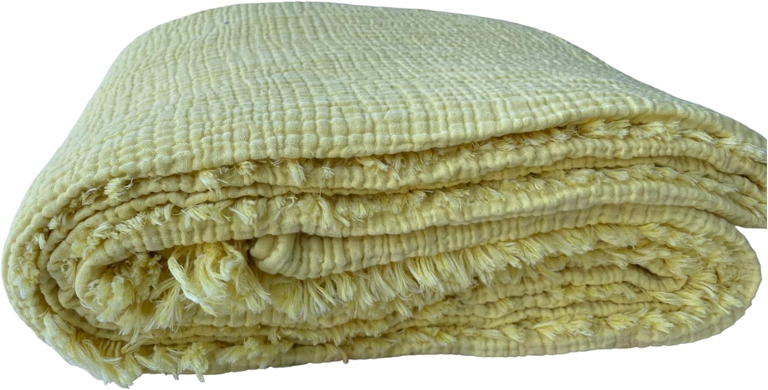 DEKADRON 100% Cotton Muslin Throw Blanket, 4 Layers Bedspread, Soft Turkish Cotton Muslin Bed Cover, Reversible Coverlet, Yellow (Two Pillowcase 20x30)