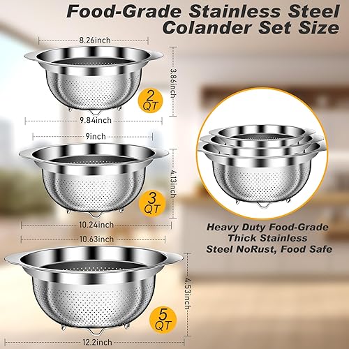 Miniatura 7 de Colander, Stainless Steel Colander for Kitchen, 3Pcs Kitchen Gadget Food Strainer Basket with Handle, Kitchen Strainer Colanders Bowl for Pasta