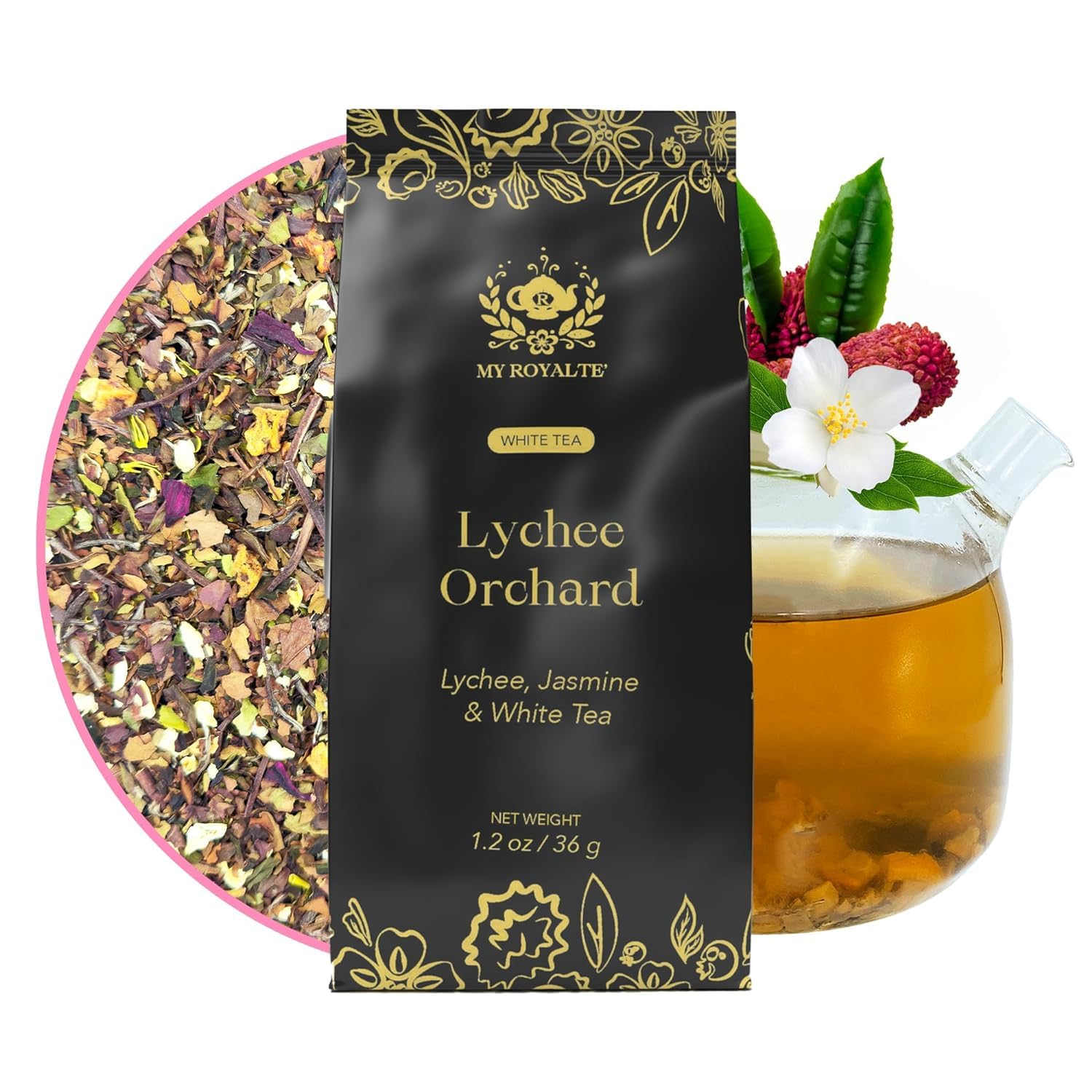 MyRoyalte White Tea with Jasmine & Lychee - 1.3 oz Natural Loose Leaves - Low Caffeine, Premium Quality for Tea Lovers