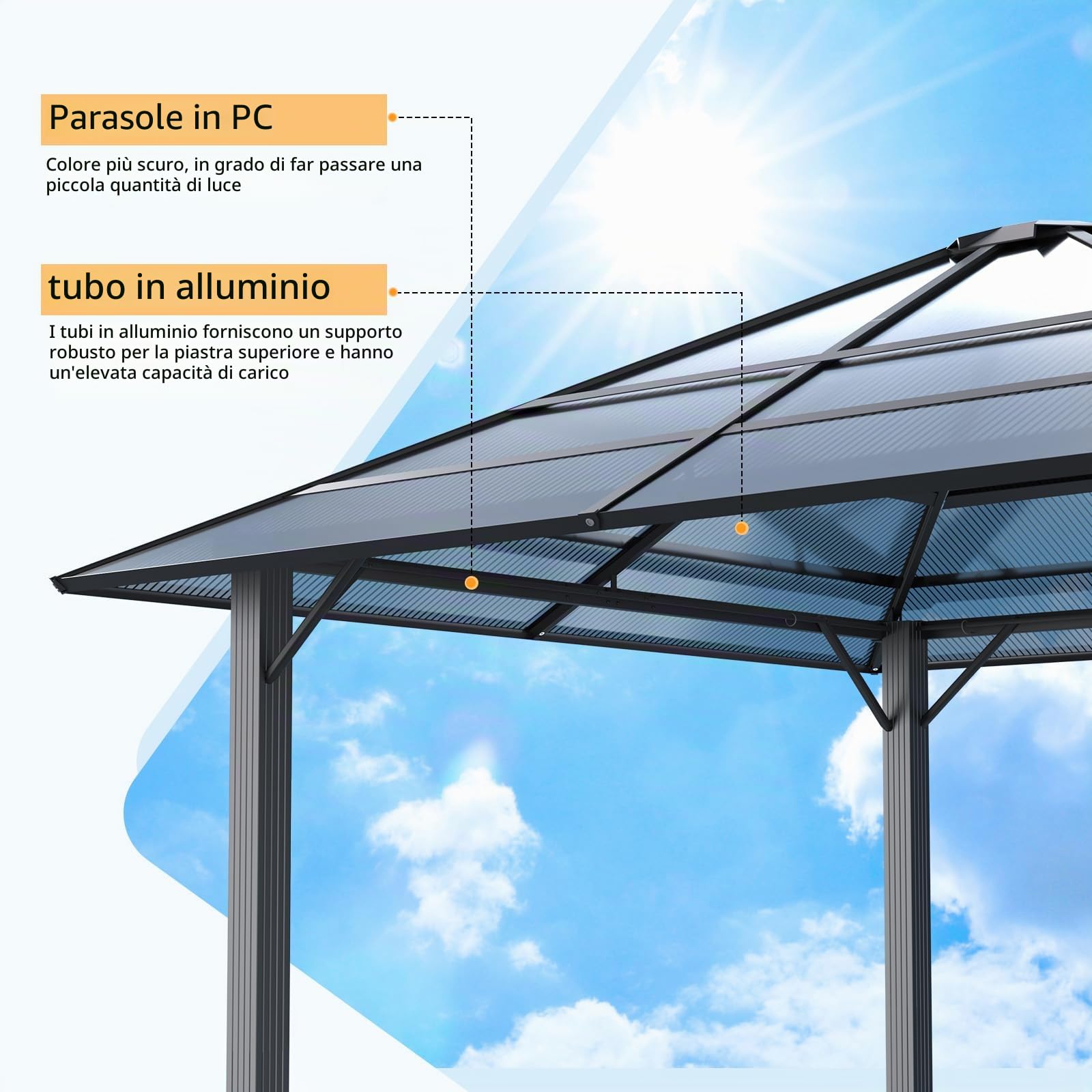 JUMMICO Padiglione da Giardino 3x3m in Alluminio con Tetto Fisso - Design per Ombreggiatura di Giorno e Atmosfera Luminosa di Sera - Stabile e Resistente alle Intemperie