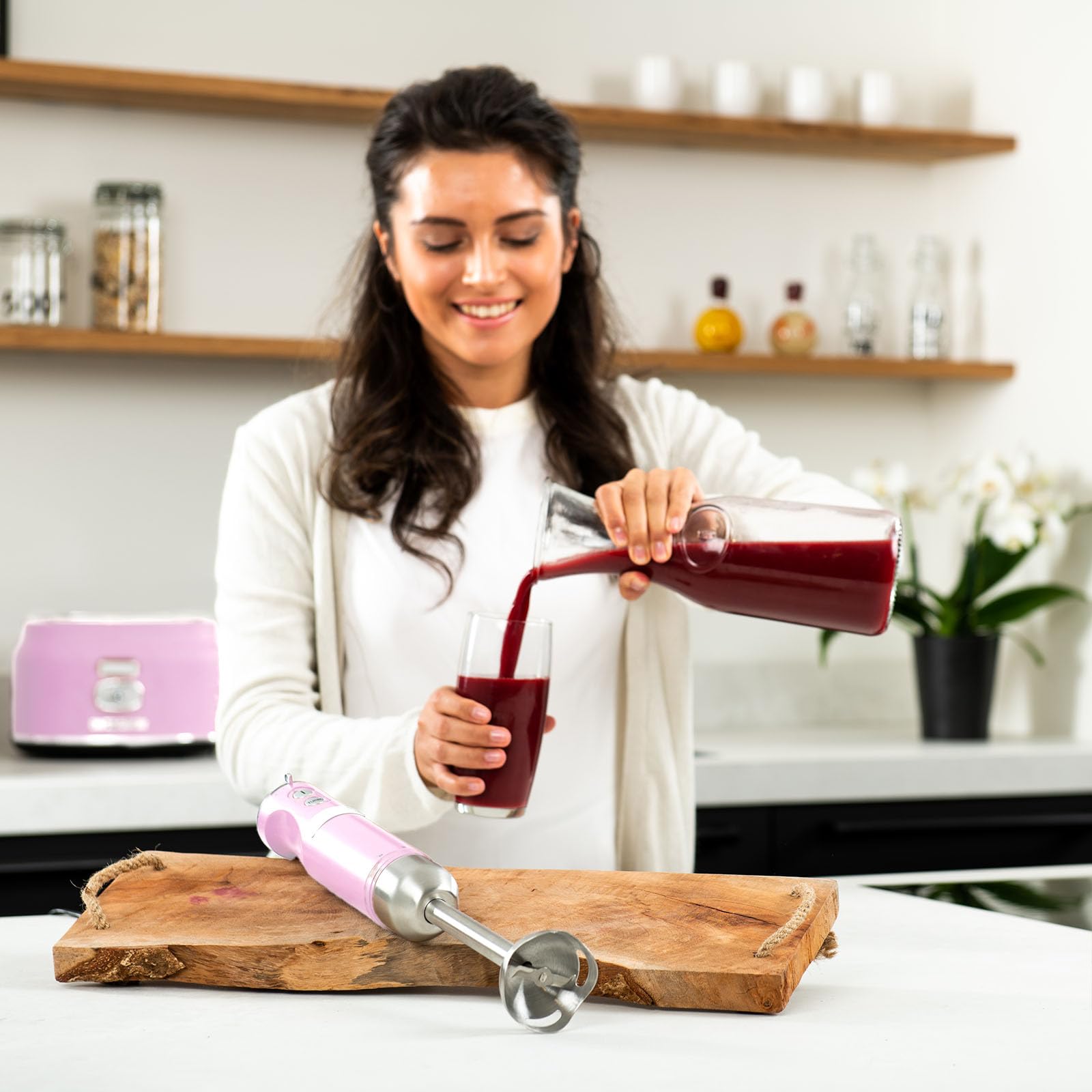 Westinghouse Retro-Stabmixer, Turbofunktion, Handblender, Edelstahl-Mixfuß, spritzarm, 600 W, rosa