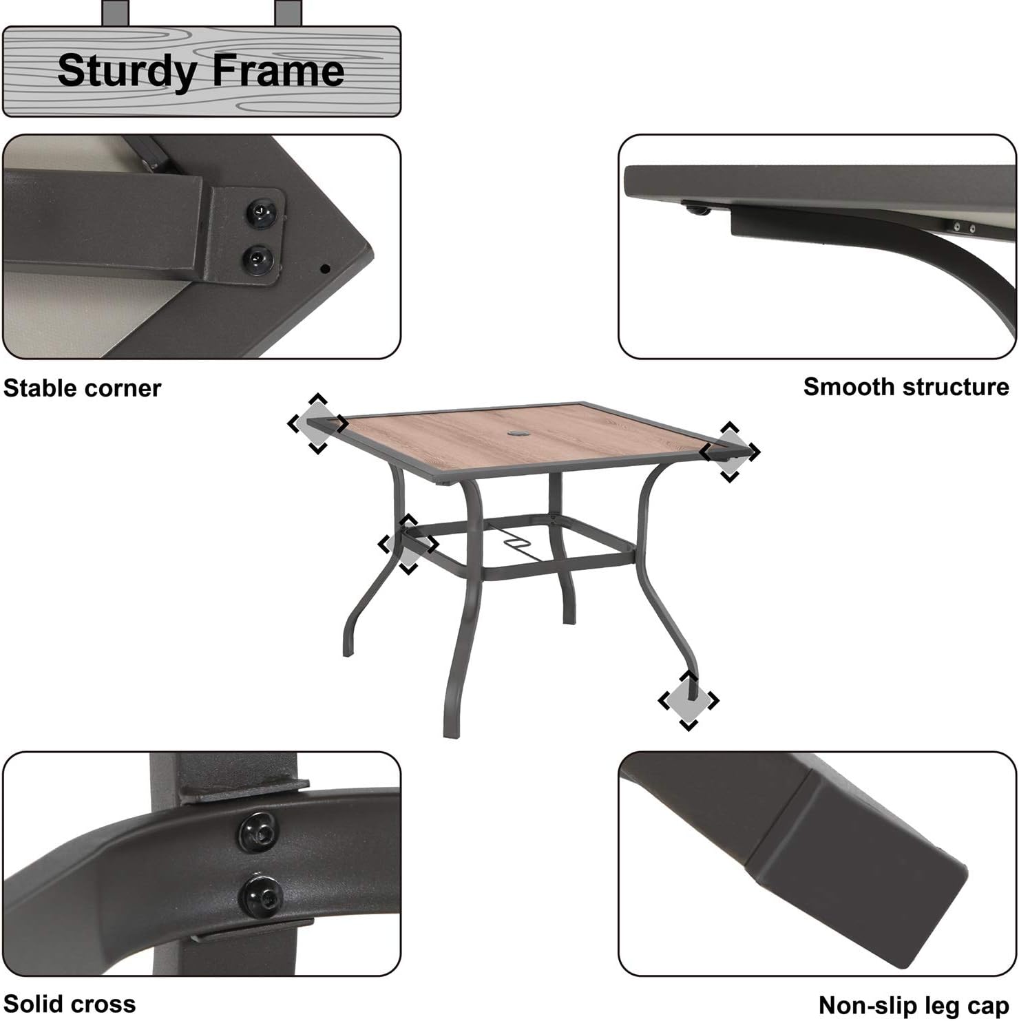 Sophia & William Patio Dining Table Umbrella Table Outdoor Coffee Bistro with Hole for Lawn Garden Pool Sturdy Metal Steel Frame Easy to Care Special Wood-Like Table top Design 37" x 37" Square Table : Patio, Lawn & Garden
