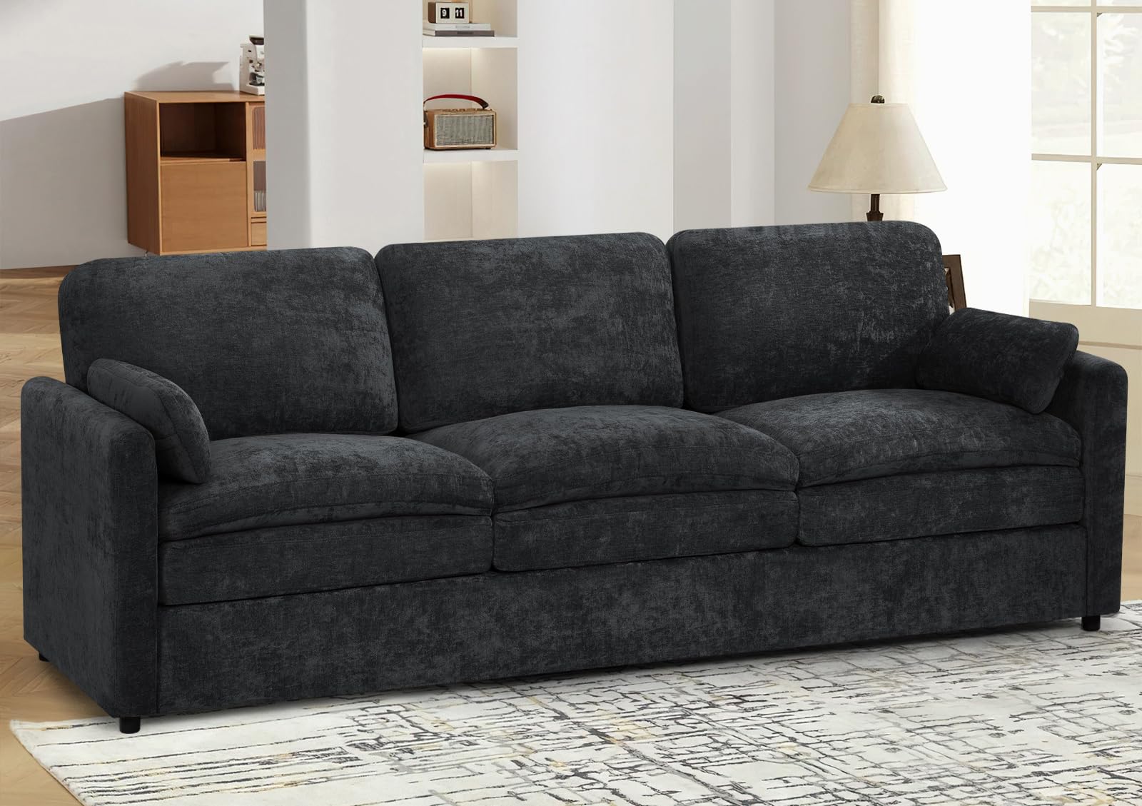 89" Chenille Soft Sofa w/Well-Filled Backrests, Modern Couch w/Plump Pillows, 3 Seater Upholstered Couch w/Thick & Comfy Cushions for Living Room, Bedroom, Black