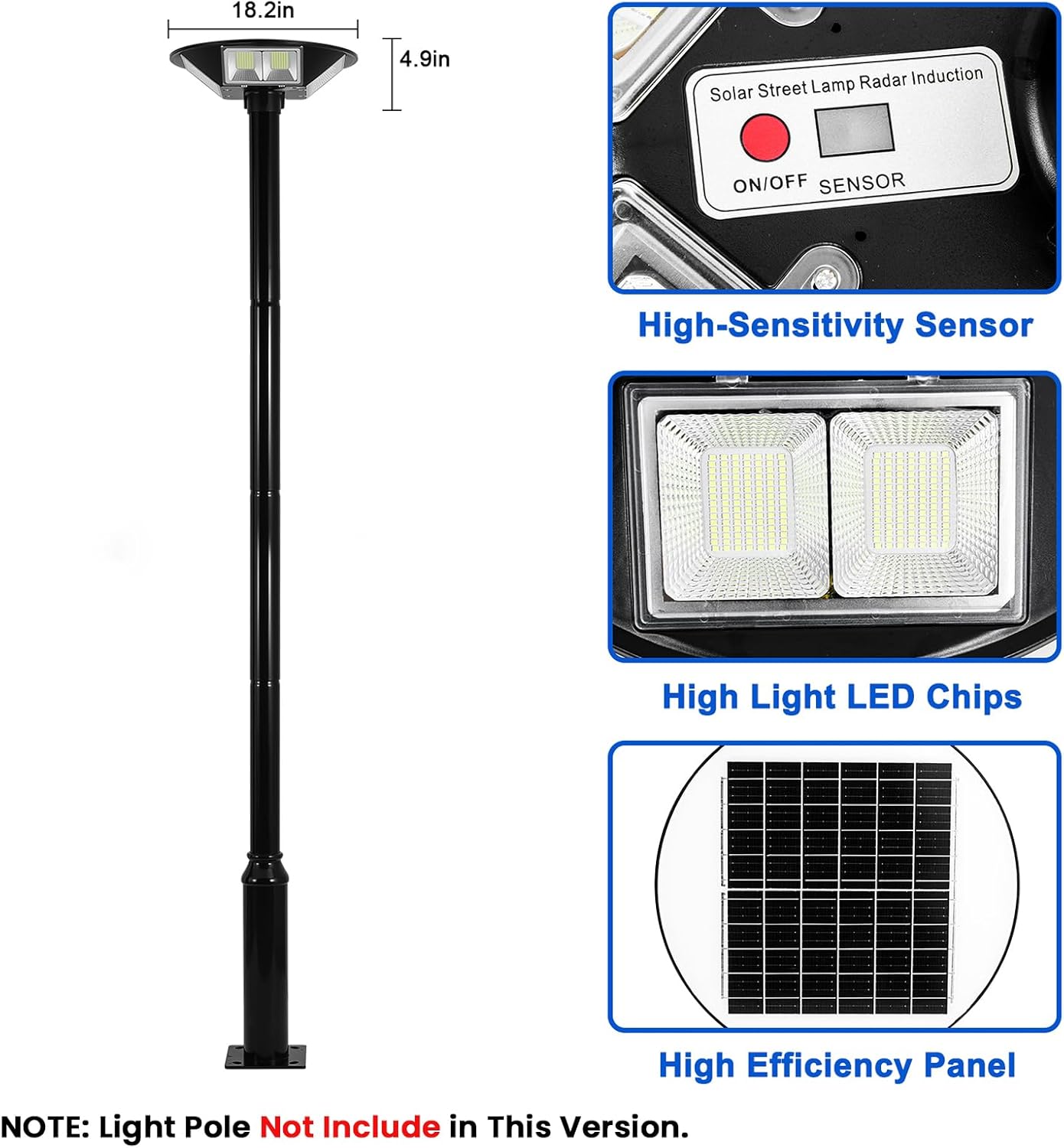 Solar Lamp Post Light Head, Solar Pole Lights with Dusk to Dawn, Motion Sensor, Remote, Timer, Waterproof Solar Lights Outdoor for Patio, Yard, Garden, Pathway, Street (Without Light Pole)