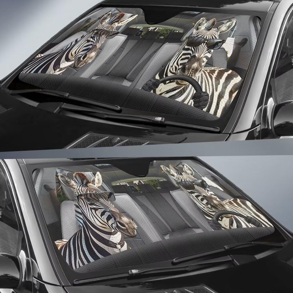 Funny Animal Zebra Driving Car Sunshade,Animal Lover Personalized Sunshade,Auto Sun Shade,UV Rays Reflective Blocks for Car SUV Truck(57x27.5 inchs)