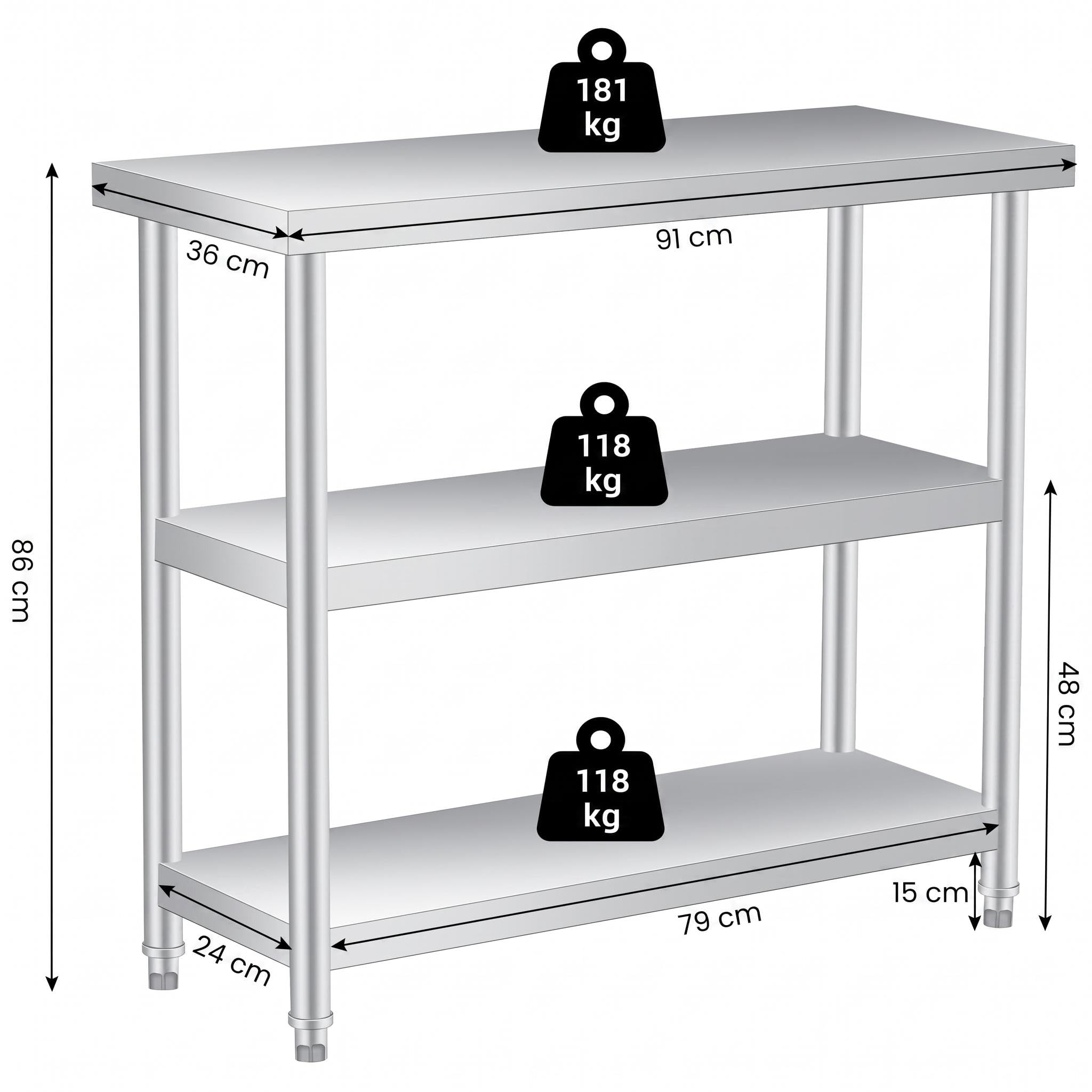 Garvee Table d’appoint 3 Niveaux en Acier Inoxydable 91 x 36 x 86 cm, Étagère de Rangement Robuste, Anti-Rouille et Facile à Nettoyer, pour Jardin, terrasse, Cuisine extérieure, Restaurant et Atelier