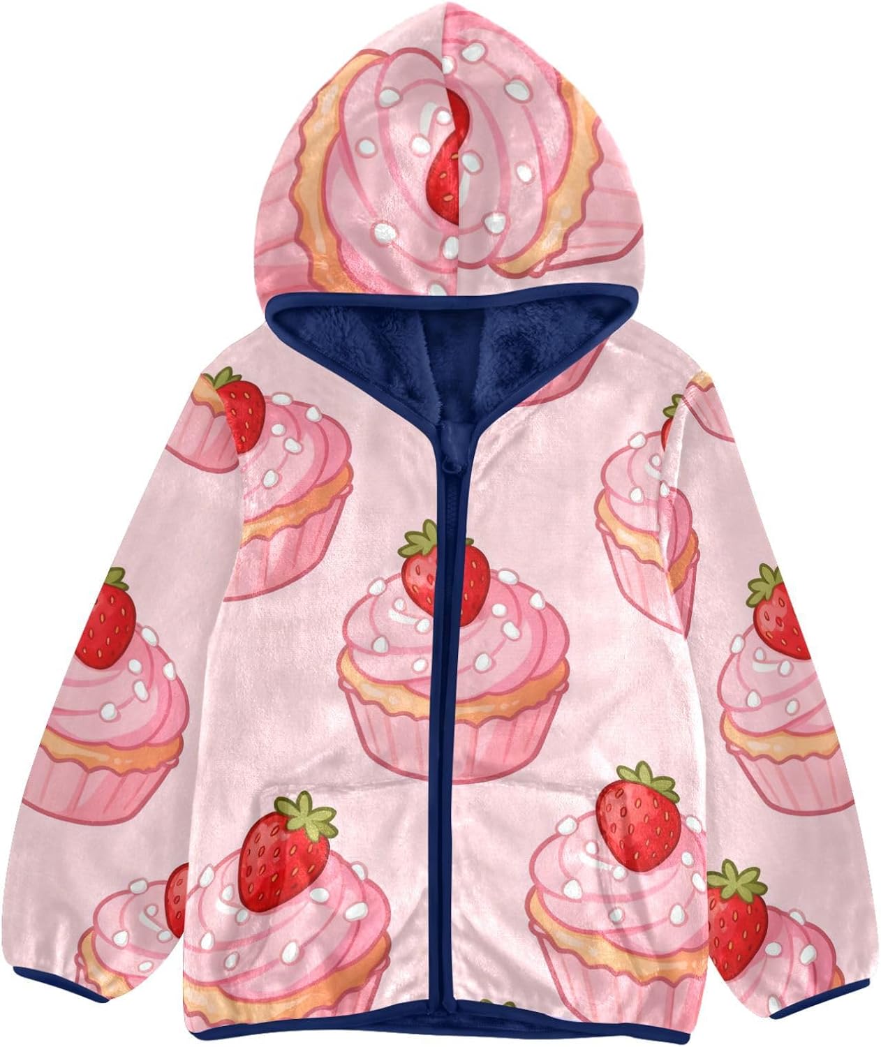 Cute Pink Strawberry Cake Toddler Fleece Zip Up Children Coats for Toddlers Navy Blue Baby Boy Girl Clothes