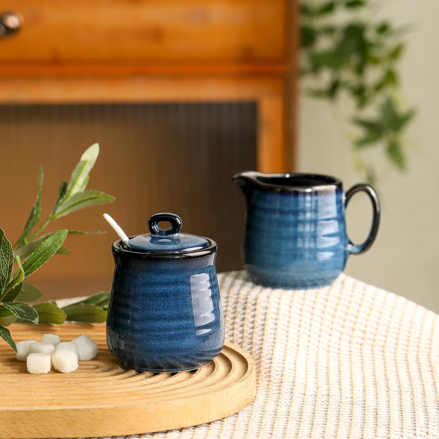 Ceramic Sugar and Creamer Container Set of 3,10 Ounce Cream Pitcher,11 Ounce Sugar Bowl with Lid and Spoon,Farmhouse Coffee Bar Accessories Set for Serving,Microwave & Dishwasher Safe,Blue