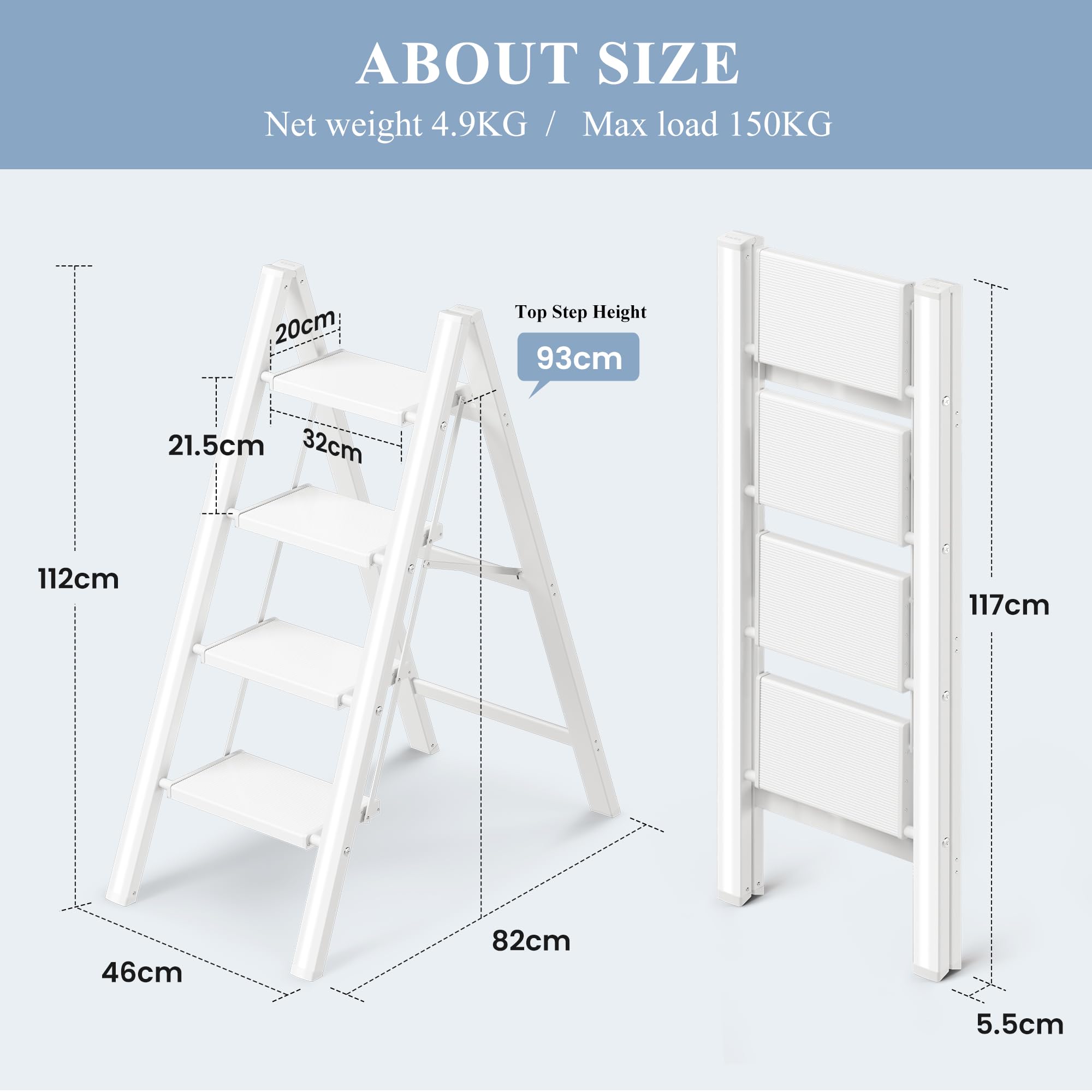 Scala a 4 gradini, sgabello pieghevole con ampio pedale antiscivolo, materiale in alluminio leggero ma robusto, carico 150 kg, aspetto moderno carino per spazi domestici interni, bianco