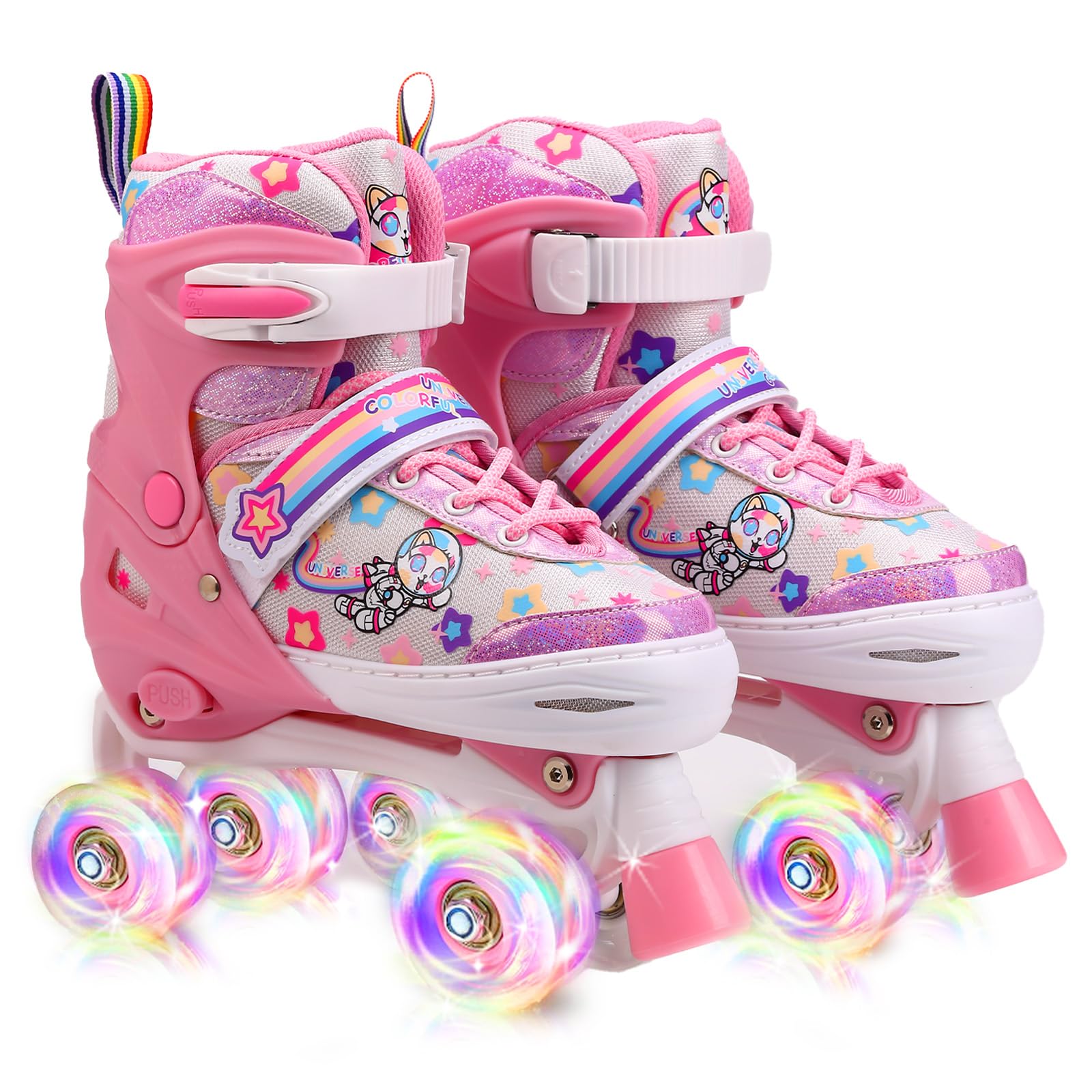 Roller Skates for Girls, Double-Row Light up Wheels Skates, 4 Adjustable Sizes Roller Skate Shoes, Shoes with Wheels for Indoor Outdoor, Roller Shoes for Kids Beginner (Pink, (3.5Y-6Y))