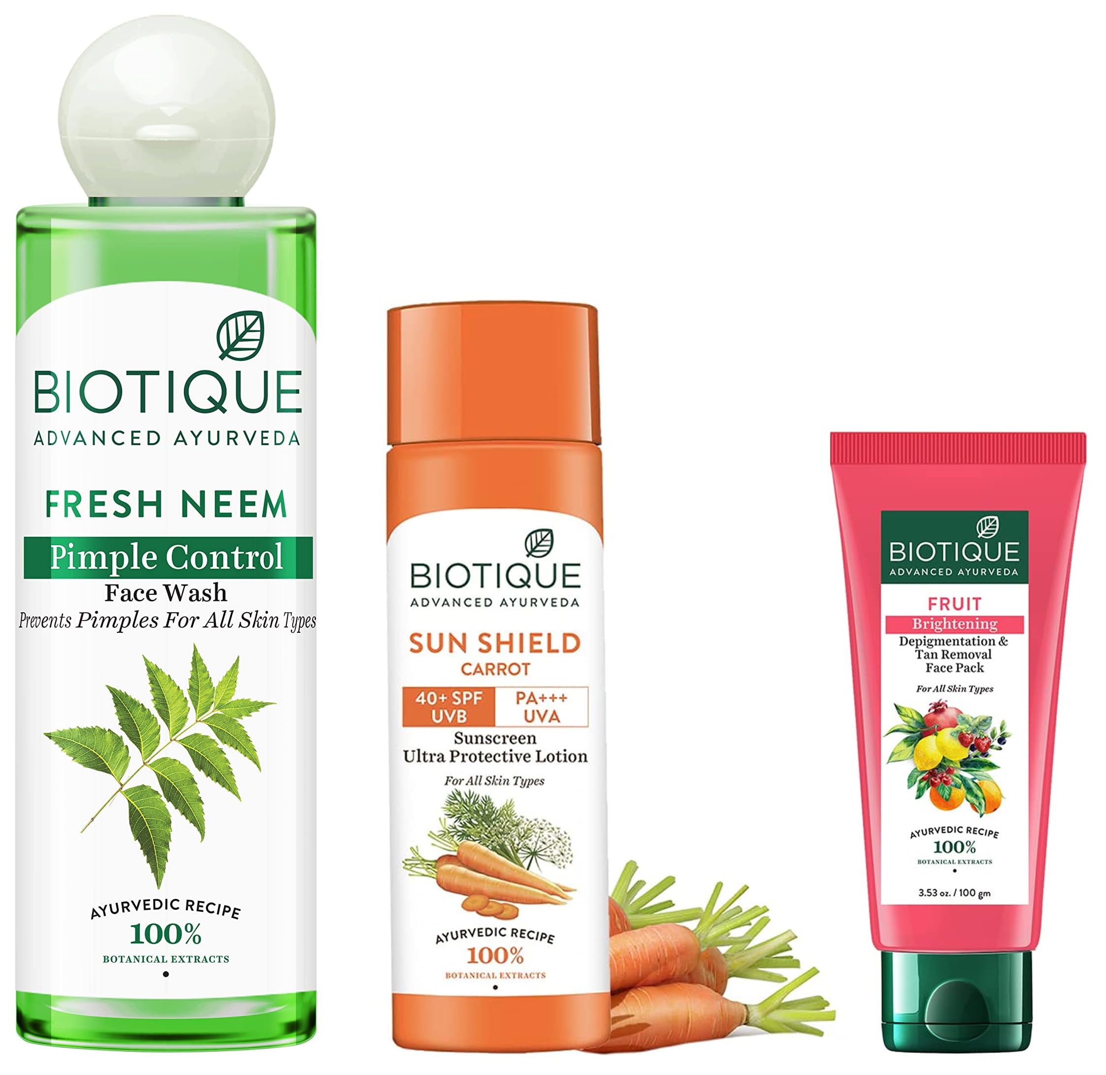Biotique Bio Carrot Face & Body Sun Lotion For All Skin Types Spf 40 UVA/UVB, 120Ml & Fresh Neem Pimple Control Face Wash, 200Ml & Fruit Brightening Depigtation & Tan Removal Face Pack, 100Ml-picture-56