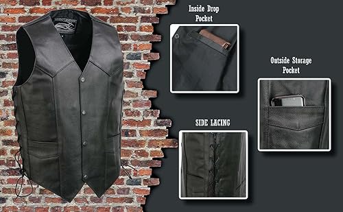 Miniatura 2 de Event Biker Leather chaleco de piel con lazos laterales para hombre, 6XL, Negro