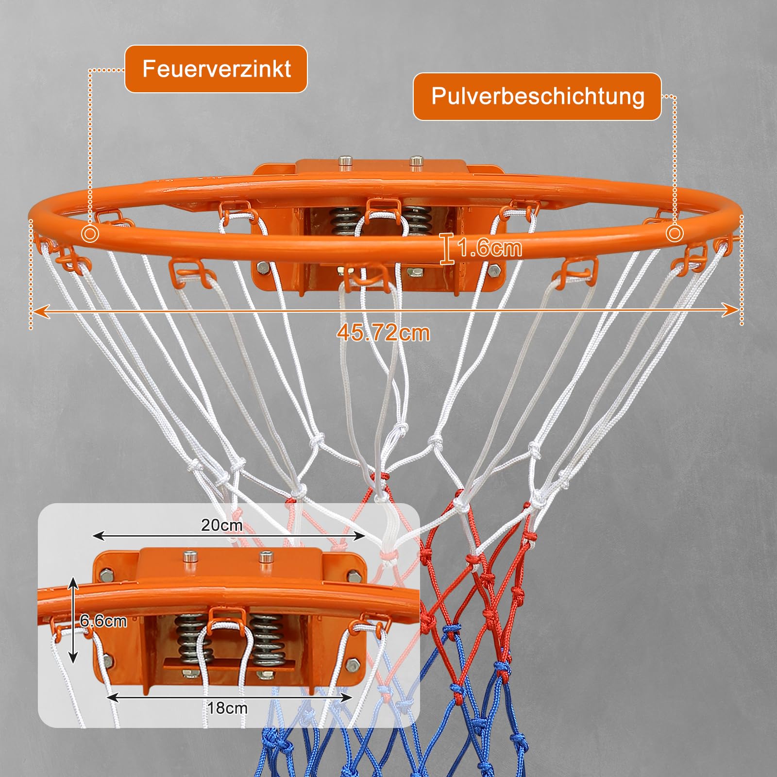 Stahl-Basketballkorb 45cm mit Doppelter Feder und Netz für Wand- und Bodenmontage