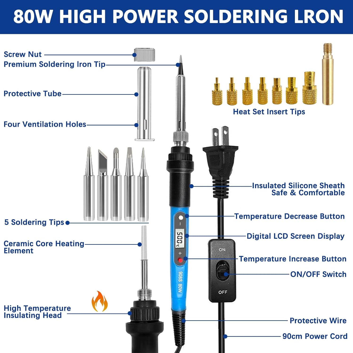 Soldering Iron Heat Set Insert Tool, 80W 110V LCD Digital Soldering Welding Iron Kit with Iron Tips and Heat Set Insert Tips, 16-in-1 Adjustable Temperature 180-500℃ Solder Kit, Blue
