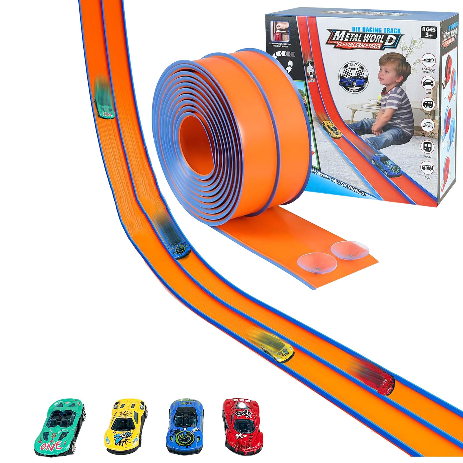 4.5M Flexible Speed Track for Toy Cars - DIY Racetrack with 4 Diecast Cars, Car Track Compatible with Most 1/64 Scale, Portable Gift for Kids 3 4 5 6 7 8 Years Old
