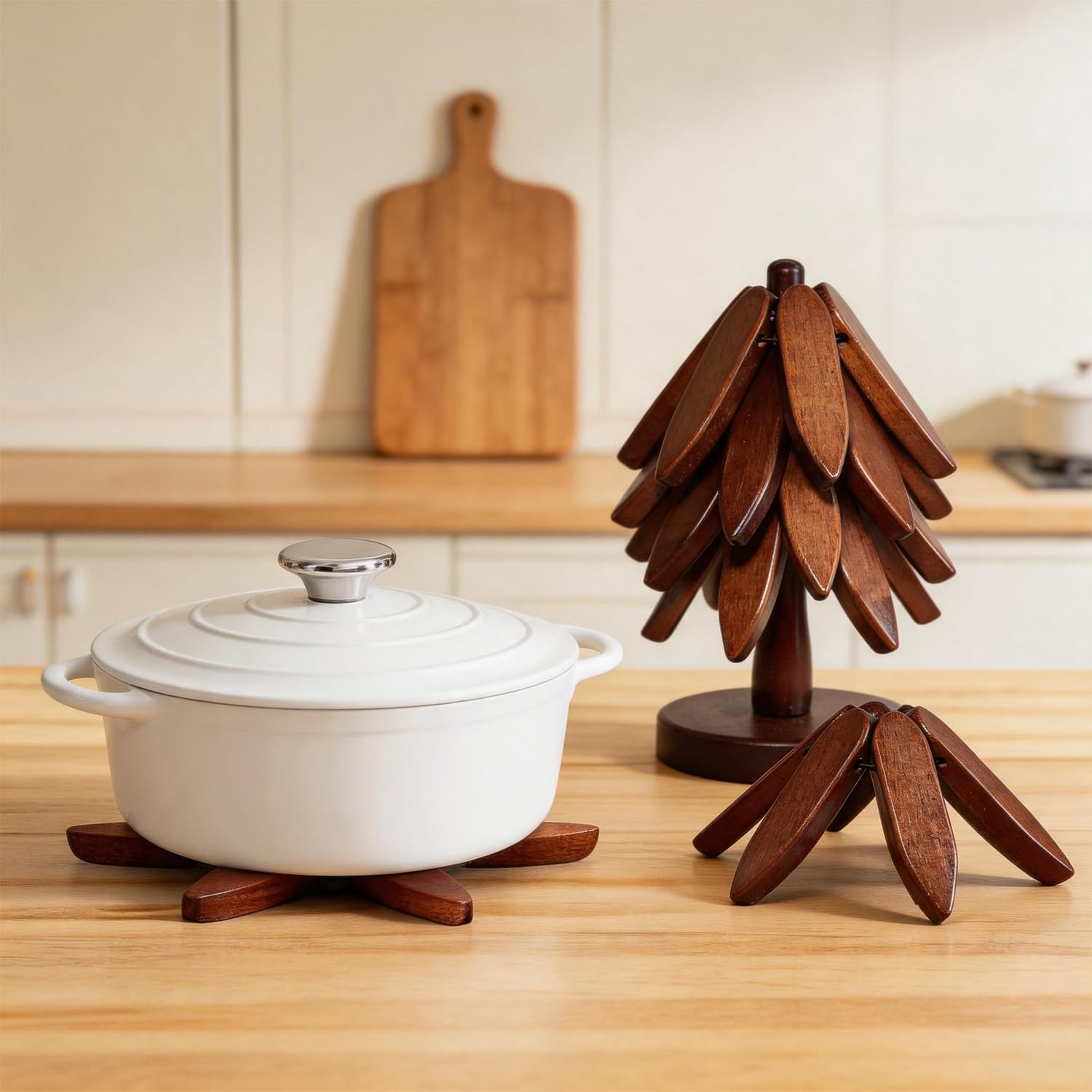 Wooden Tree Coasters Set, Black Walnut Tree Trivet for Hot Dishes, Foldable Stackable Trivets with Stand, Heat Resistant Decorative Coasters for Coffee Table, Kitchen, (Black Walnut)