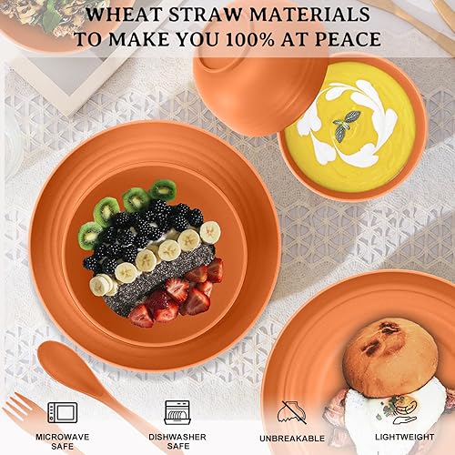 Miniatura 3 de Juego de vajilla de paja de trigo de 28 piezas, juego de vajilla irrompible apto para microondas y lavavajillas, juego de vajilla reutilizable,