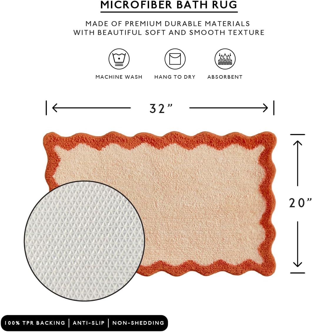 MONDAY MOOSE Bath Mat with Scalloped Wavy Ripple Design, Microfiber Absorbent Non Slip Tufted Rug for Floor, Shower or Kitchen (20x32 inch, Orange) - Image 2