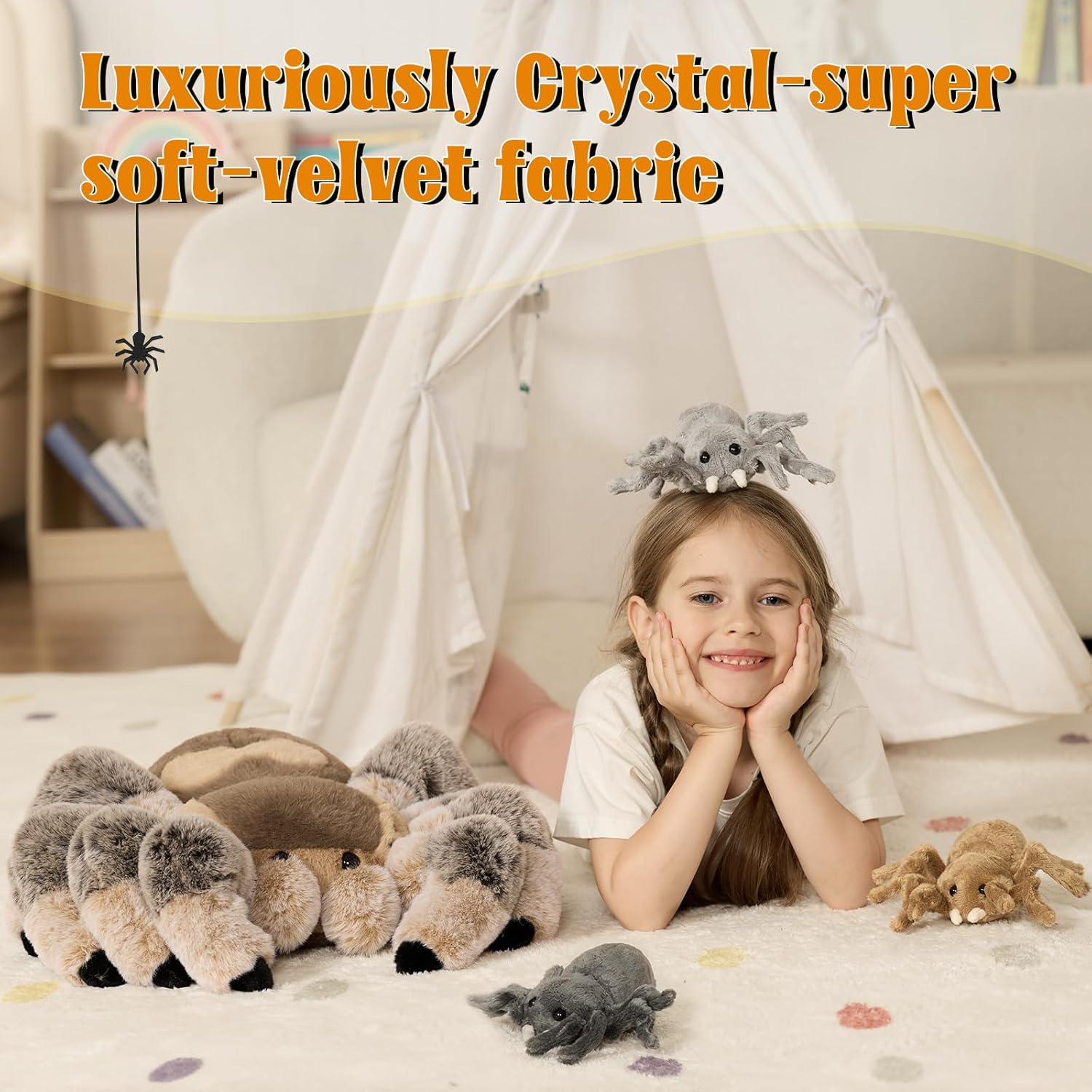 MorisMos 4Pcs Large Spider Plush, 16 Inch Mommy Spider Stuffed Animals with 3 Babies, Soft Cuddly Pillow Plush Gifts for Kids Boys Girls, Brown