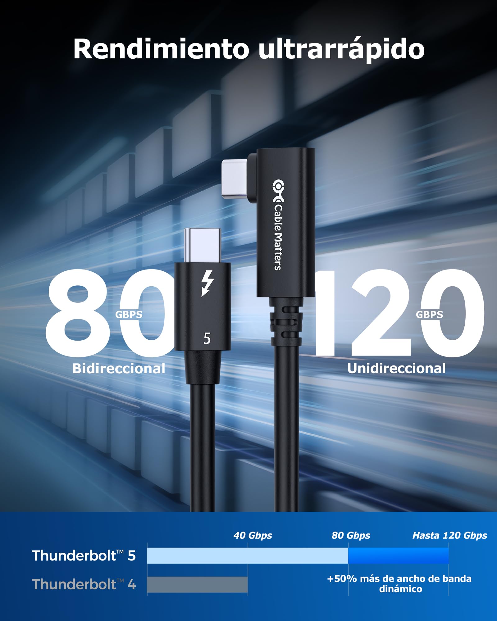 Cable Matters [Certificado por Intel Cable Thunderbolt 5 en ángulo recto de 80G con aumento del ancho de banda de hasta 120G y carga de 240 W - 0,8 m, compatible con Thunderbolt 4, USB4, USB C, negro