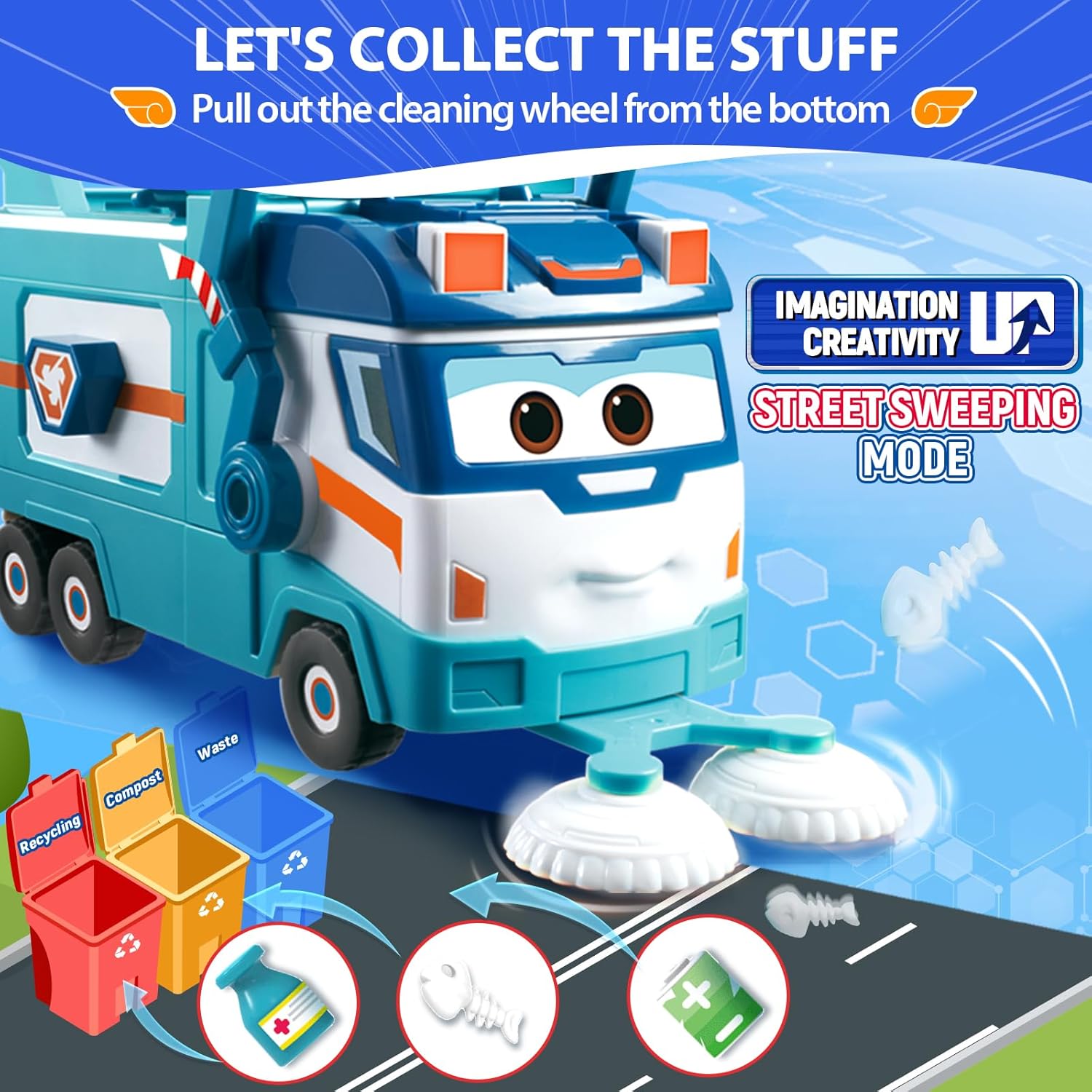 Super Wings Garbage Truck, Large Trash Marc and Cleaning Helicopter Shine Recycling Dump Play Set, Vehicle Learning Toys Set, Street Sweeper Cars Toys for Boys Kids Ages 3 4 5 6 7 8 9