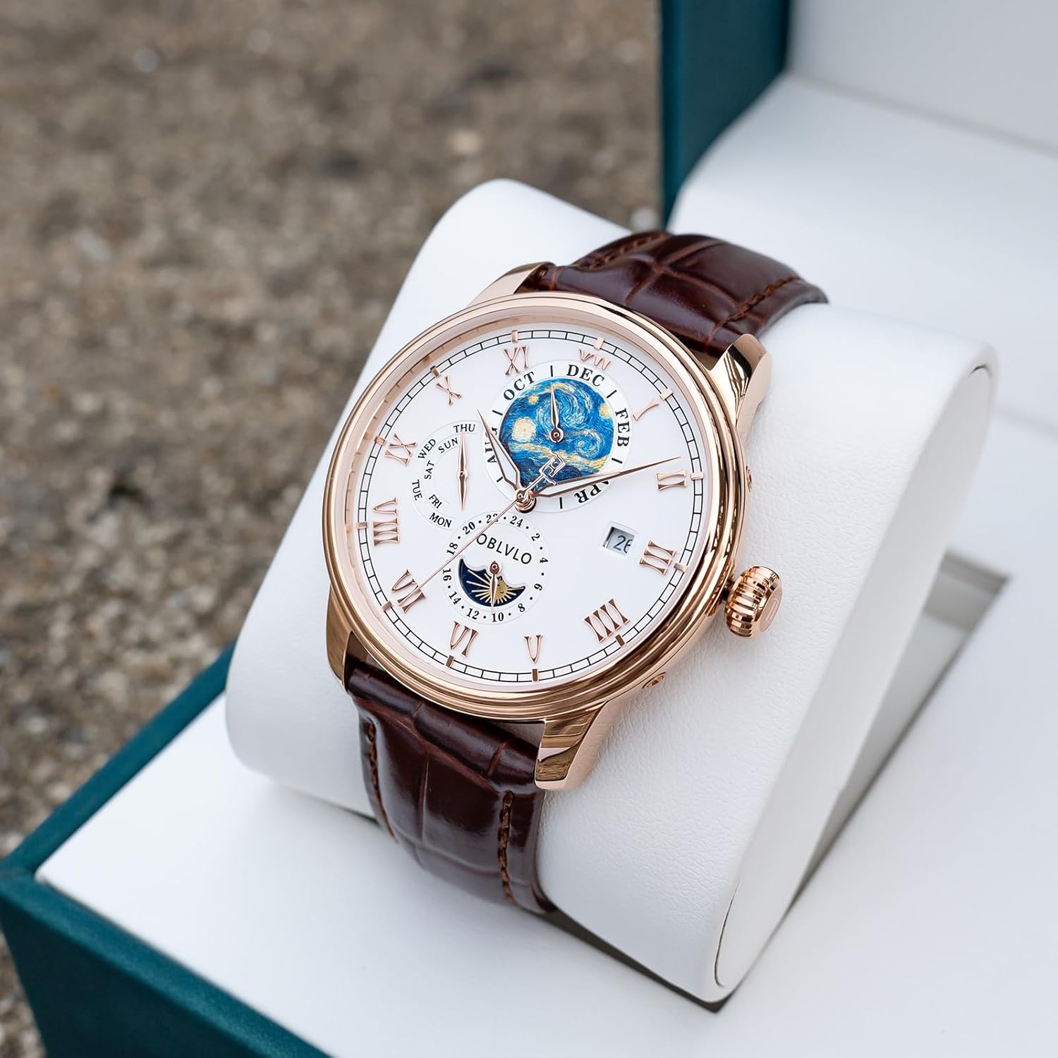 OBLVLO Luxury Moon Sun Watch with Starry Night Dial, Steel Case, Black Leather Band, Date Display, Month Display