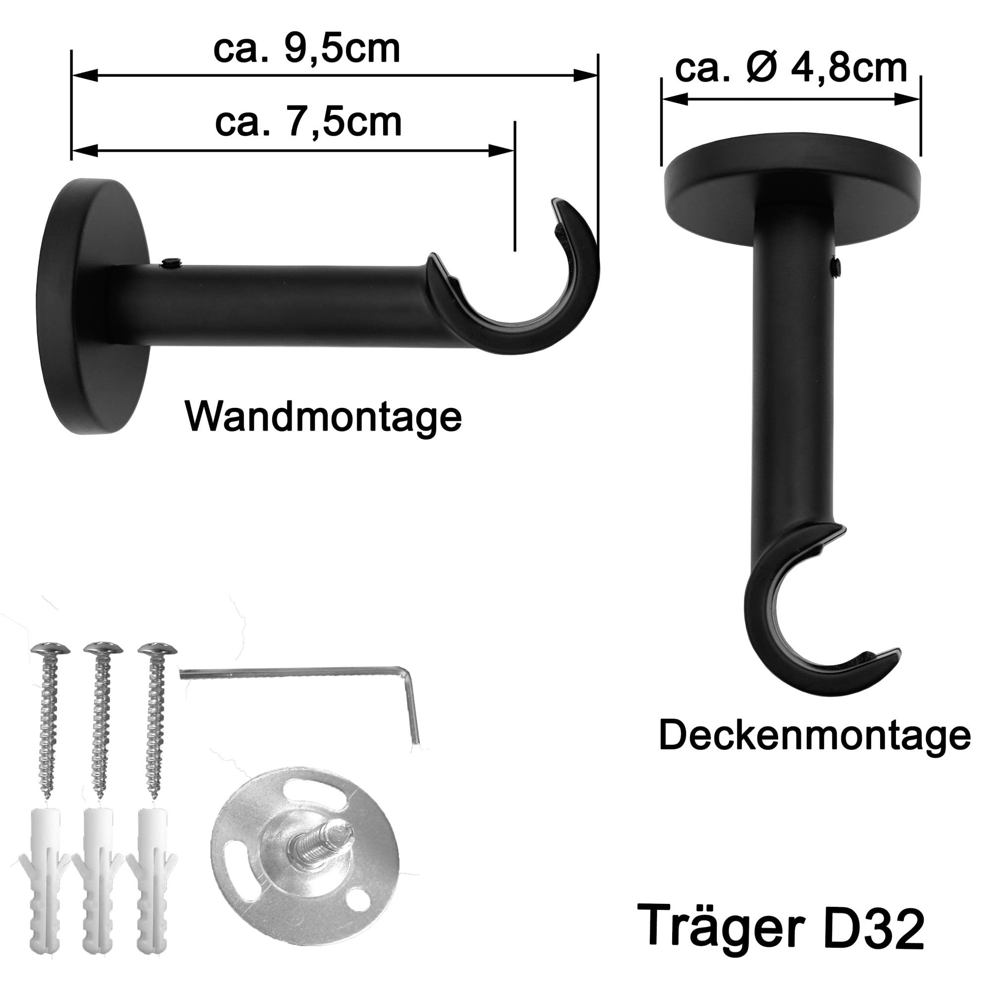 BASIT Gardinenstange schwarz 20mm 1-läufig Wand & Decke 360cm D32 | Komplettes Gardinenstangenset Wandmontage & Deckenmontage 120-600cm wählbar Metall Modell D32 Endstück E75 Kappe