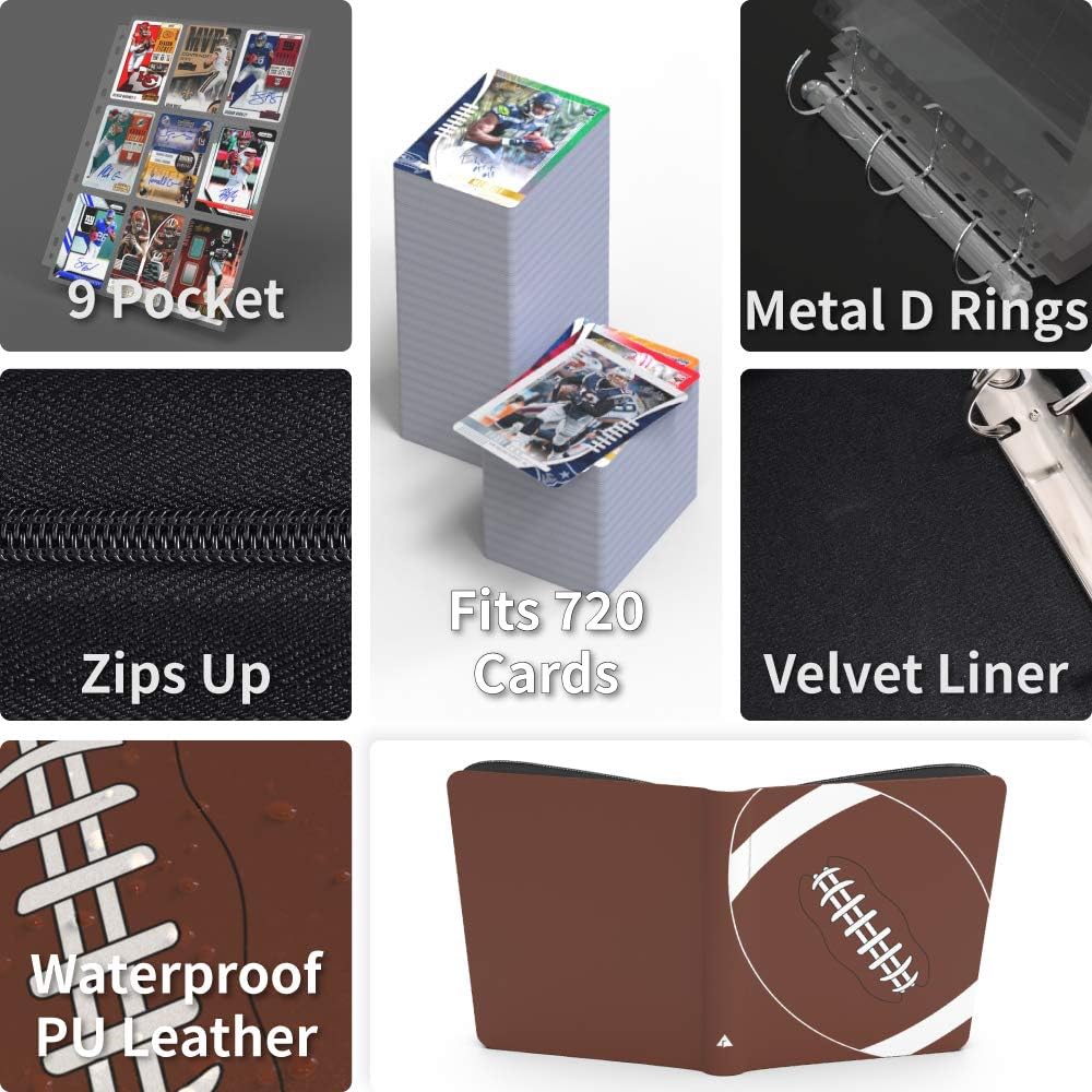 720 Pockets Football Card Binder for Trading Cards, Fit 720 Cards with 40 Sleeves Included, 3 D-Ring Album for Card Collection Storage