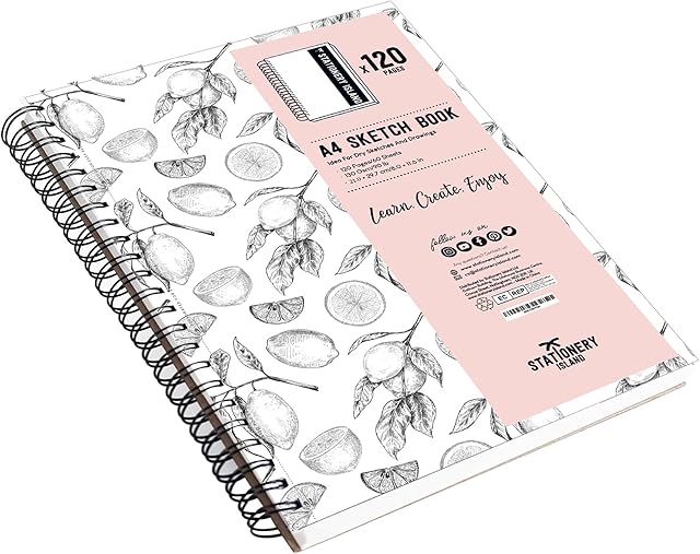 STATIONERY ISLAND A4 Sketchbook, 130gsm Cartridge Paper Sketch Book A4, Spiral Bound Sketch Pad A4, Art Drawing Book for Sketching, Illustration, Portrait Drawing, 60 Sheets / 120 Pages