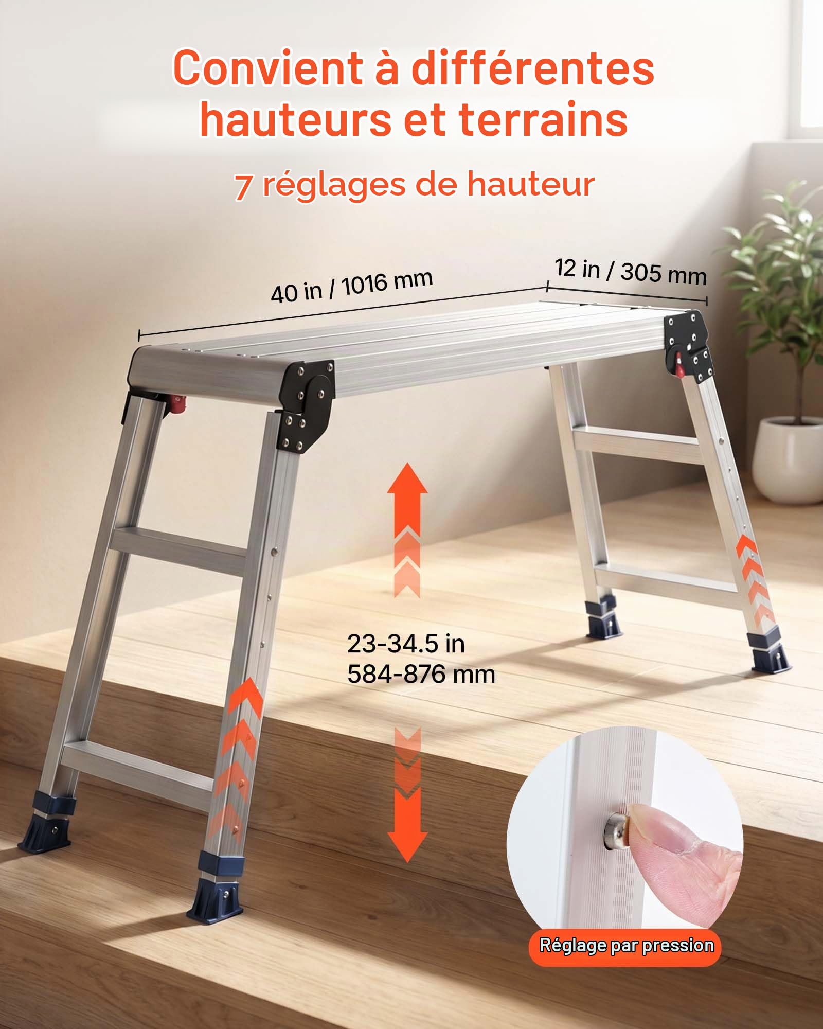 VEVOR Plateforme de Travail Pliable 1016x305 mm Hauteur Réglable 584-876 mm, Marchepied Alliage d'Aluminium, Charge Max. 226,8 kg, pour Peinture, Nettoyage, Maison, Usage Professionnel, Antidérapant