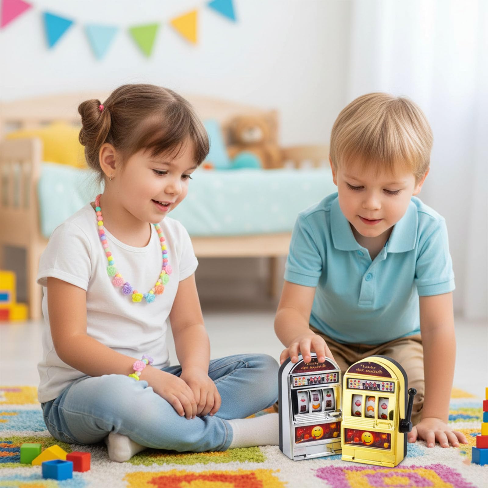 BigOtters Kids Jewelry Necklace & Bracelet Set with 2PCS Mini Slot Machine Toys Bundle, Colorful Bead Dress-Up Accessories and Fun Novelty Toys for Girls Parties, Pretend Play, Gifts & Party Favors