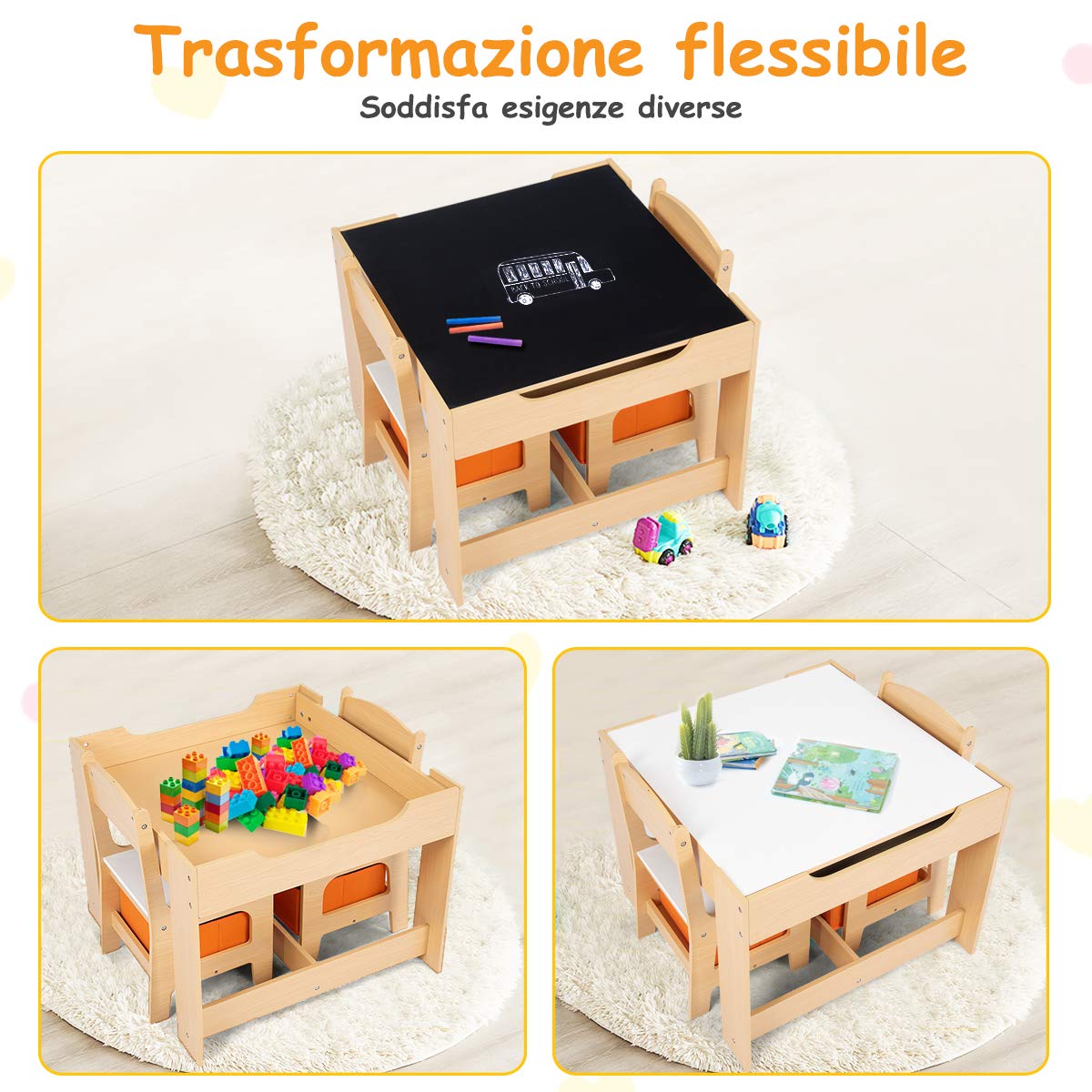 DREAMADE 3 Pezzi Set di Mobili Tavolino con 2 Sedie per Bambini in MDF, Carico Sedia 50 kg