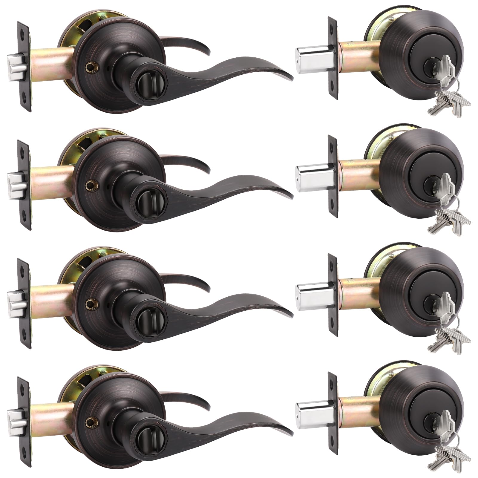 KNOBWELL 4 Pack Deadbolt Lock and Door Knob Set, Oil Rubbed Bronze Wave Style Double Sided Keyed Deadbolt Door Handleset(Same Key)