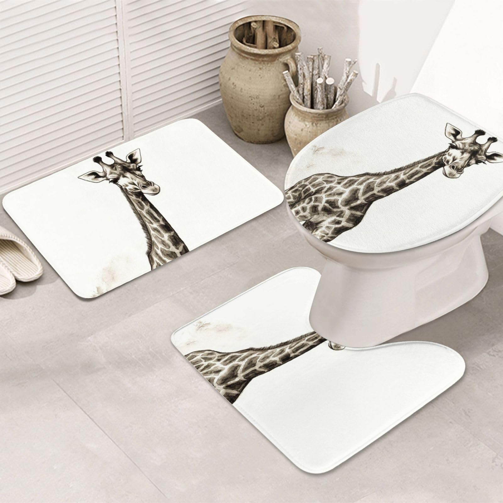 Tapis de bain girafe lot de 3 avec contour et housse WC en microfibre