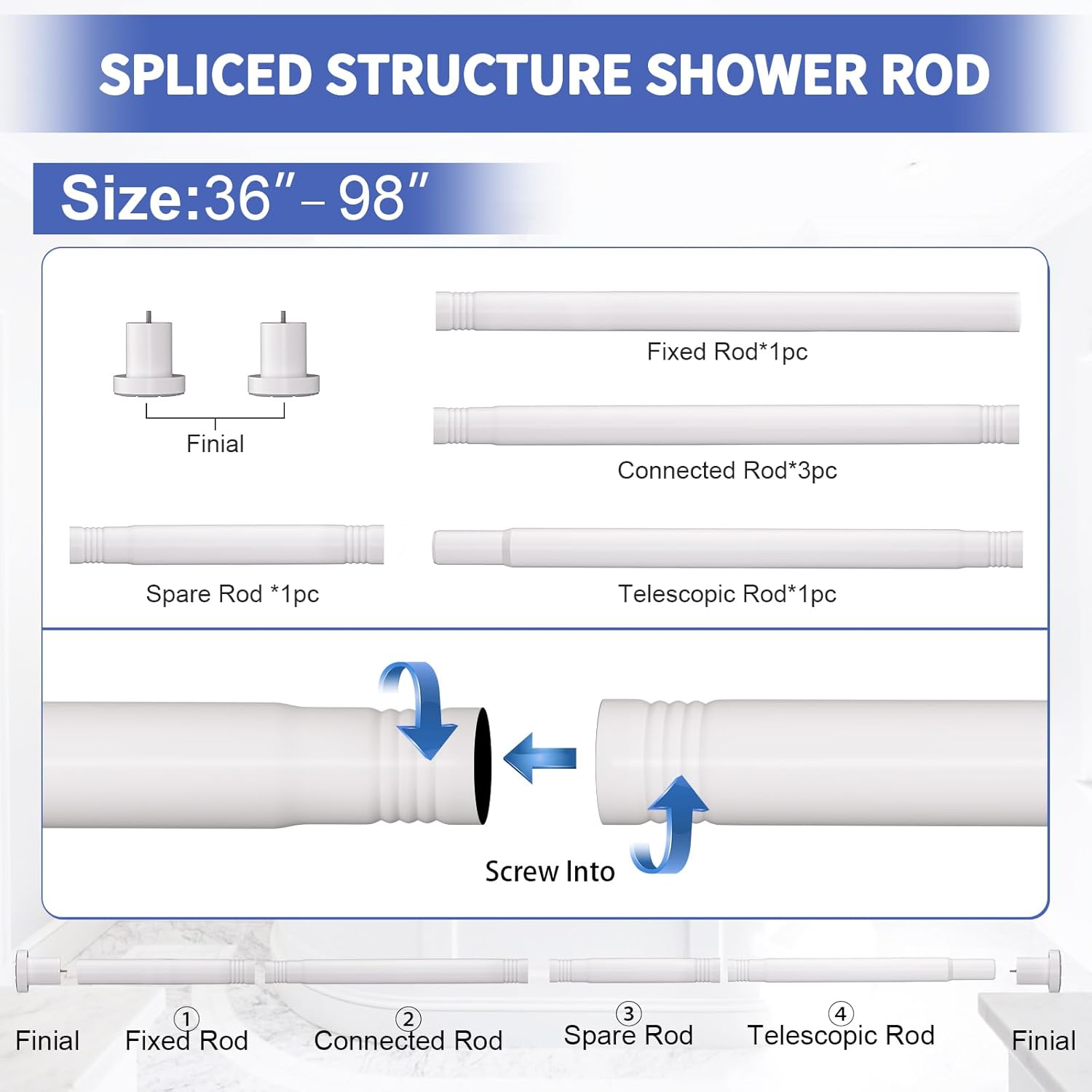 Shower Curtain Rod 36-98 Inches (3-8.2ft) Non Rust Adjustable White Shower Rod Spring Tension Non Slip No Drilling Stainless Steel Shower Rods for Bathroom Window