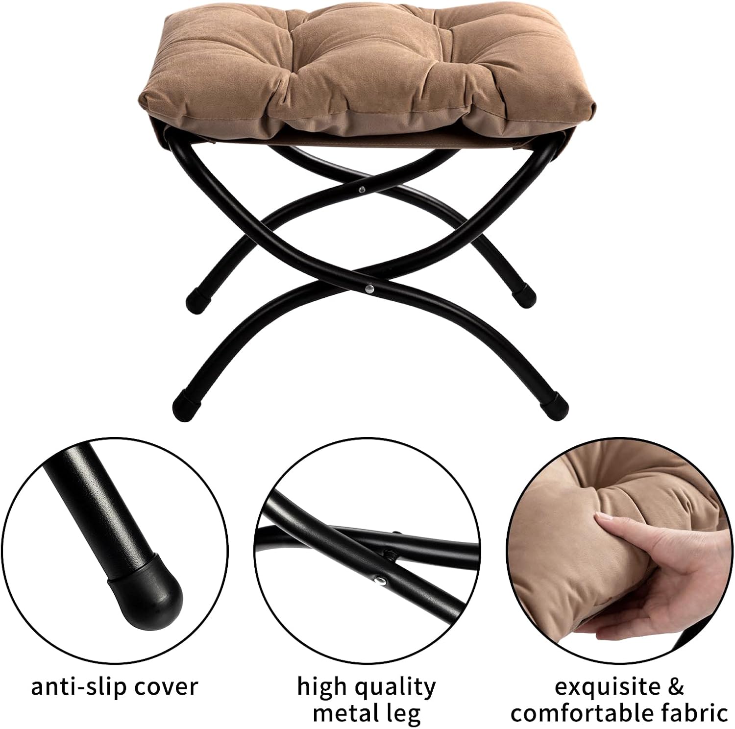 HollyHOME 15"(H) Folding Footrest Stool, Upholstered Small Foldable Ottoman, Accent Padded Sofa Foot Stool for Lazy Chair, Metal Frame Portable Foot Rest Ottoman for Living Room, Bedroom, Dark Brown