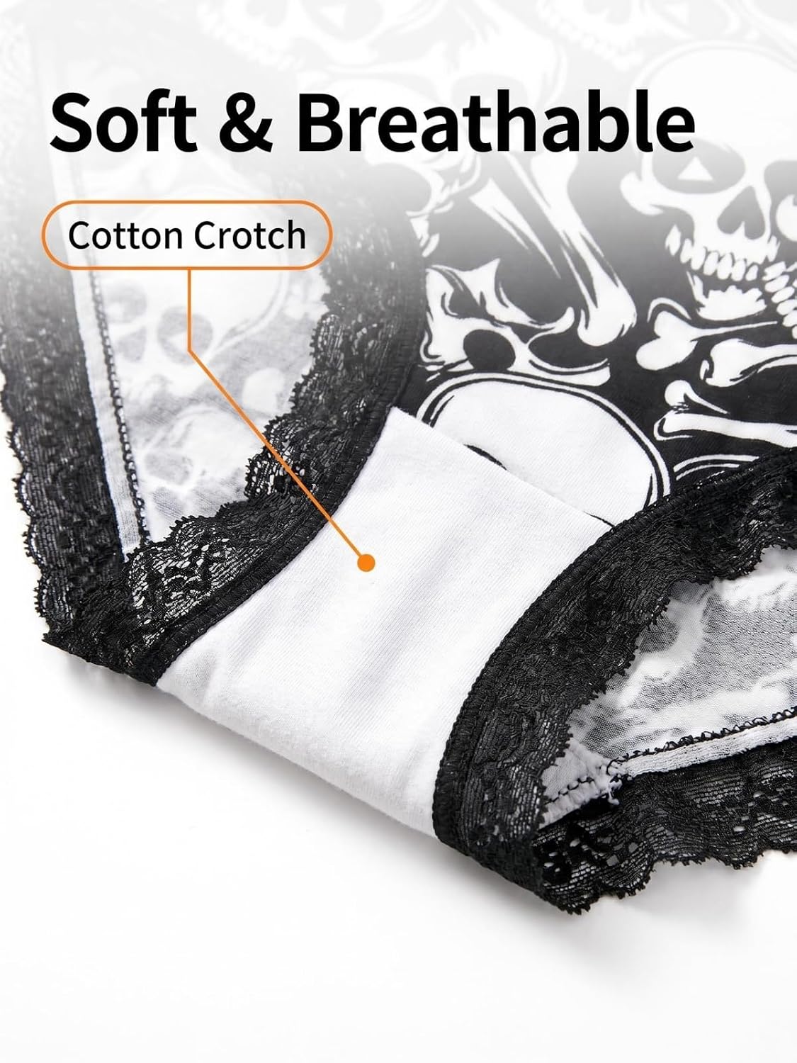Morvia Women's Halloween Skull Print Briefs, 4 Pack Lace Trim Stretch Panties with No Ride Up Secure Edge Design