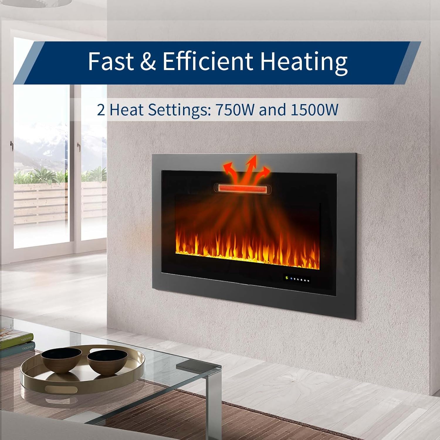 Electric fireplace installed in a living room wall, showing heat emanating from the top vent.