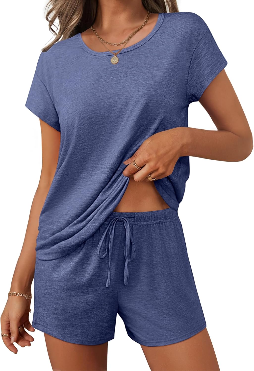 Ekouaer Women 2 Piece Pajamas Set Short Sleeve Comfy Lounge Set Round Neck Tops and Shorts Pjs with Pockets