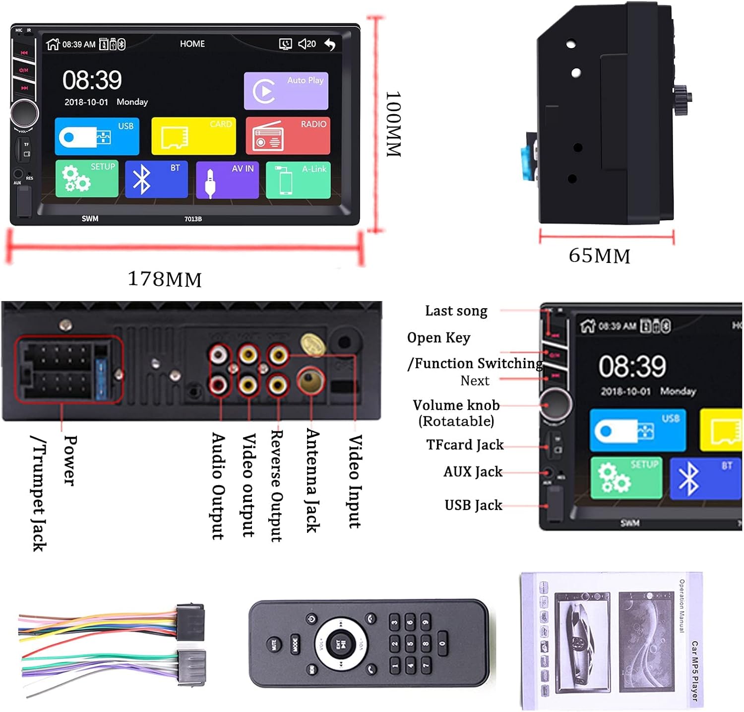 Dimensions and rear ports of ZHNN Double Din Car Stereo