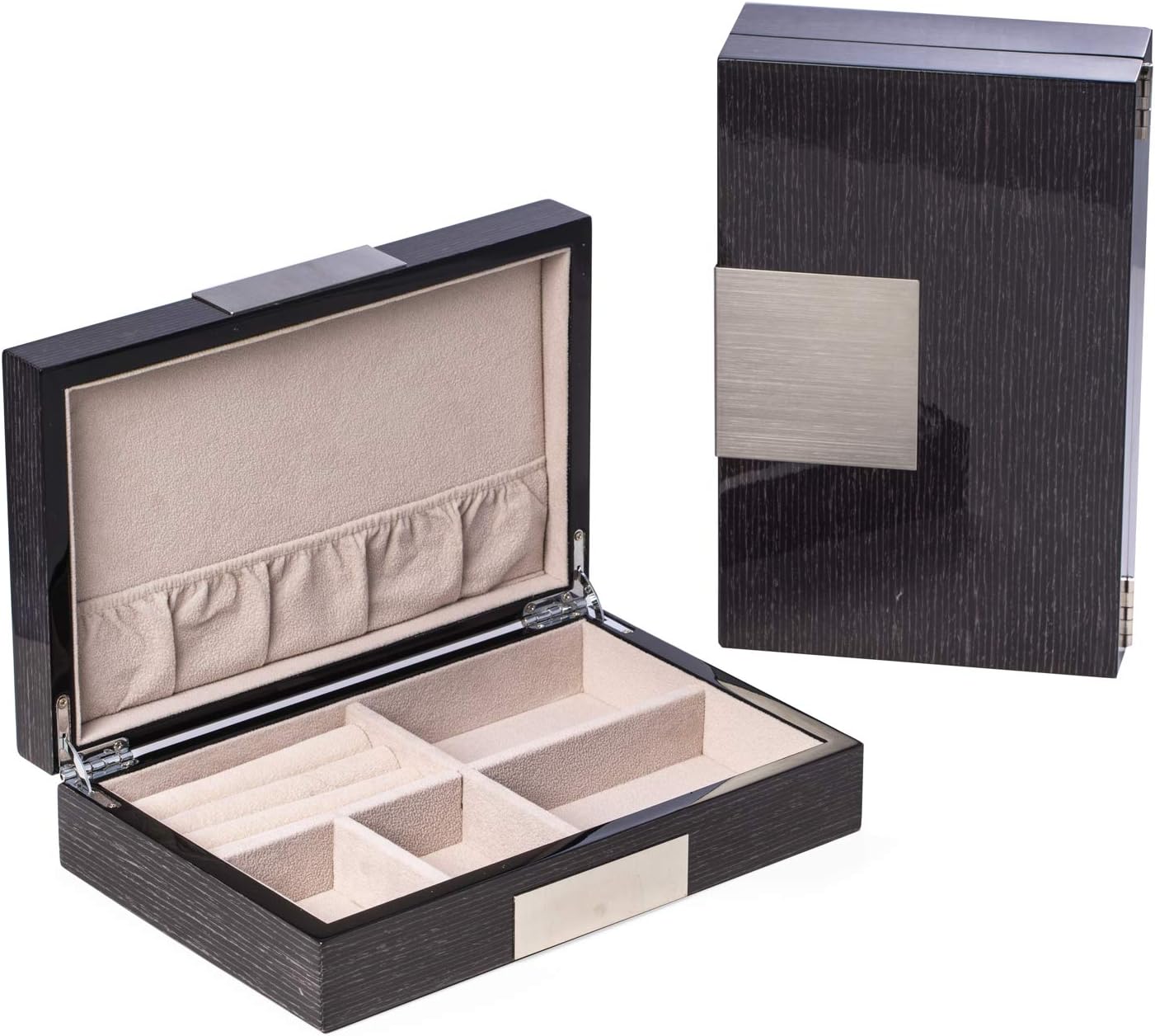 Bey-Berk Prince Personalized Lacquer Valet Box (Grey), Wooden Jewelry Organizer with Engravable Stainless Steel Plate and Multi-Section Storage, Custom Keepsake Gift