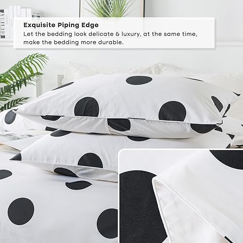 Miniatura 4 de Lemfux Juego de funda de edredón de 100% algodón, diseño de lunares en blanco y negro, reversible, estampado geométrico, con cremallera oculta,