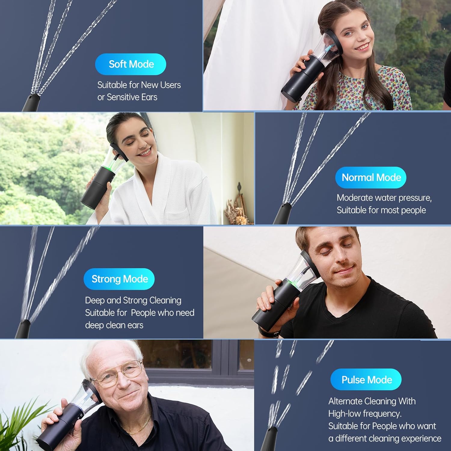 Four panels illustrating the different cleaning modes: Soft, Normal, Strong, and Pulse, with descriptions.