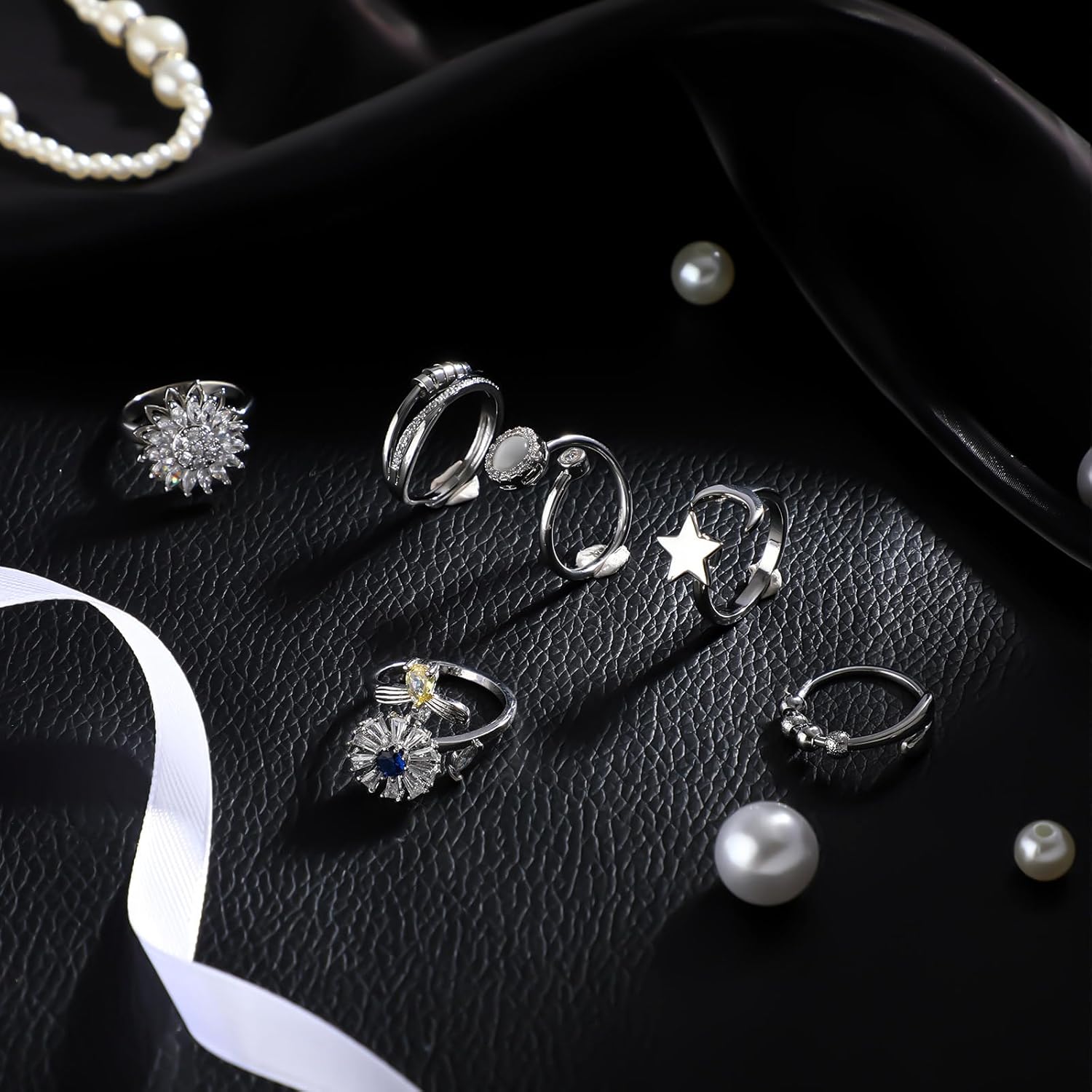 Tondiamo 6 Pcs Fidget Anxiety Rings Women Adjustable Spinner Ring Rotatable Open Cz Crystal Rings for Anxiety Stress Relief - Image 4