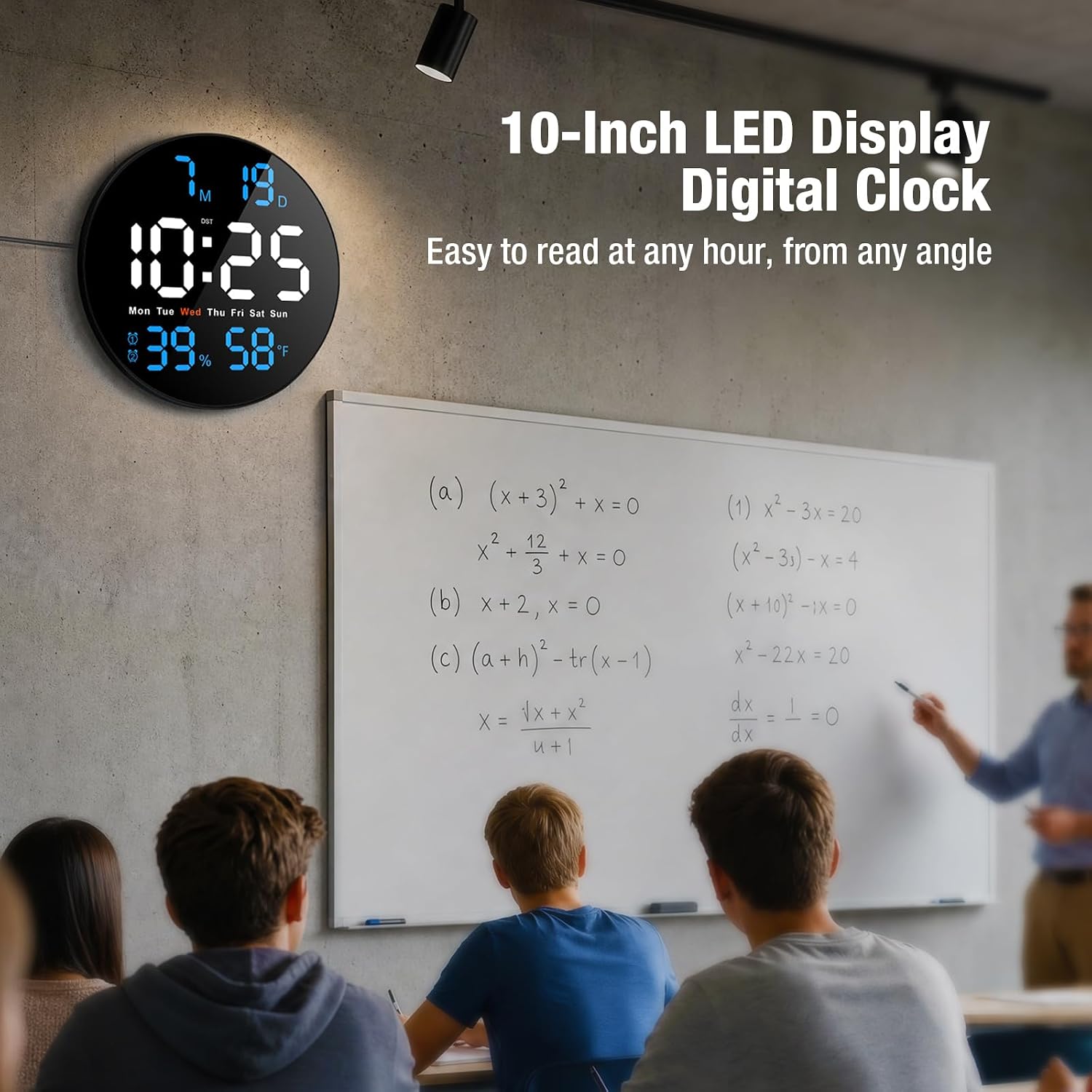 10 Inch Large Digital Wall Clock, LED Round Electric Clocks with Dual Timers (Count Up/Down), 12/24hr Mode, Date, Temperature, Remote Control for Classroom, Home Office, Bedroom (Blue)