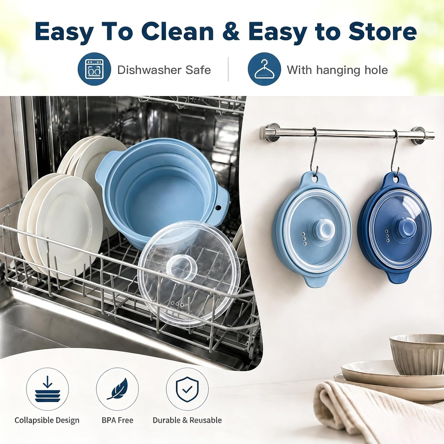 42oz Silicone Microwave Steamer For Cooking, Collapsible Food Steamer For Vegetable, Seafood, Soup, Leftovers, Rice Cooker, BPA Free Small Steam Pot with Handle & Lid, Dishwasher Safe (Blue), 1 Pack