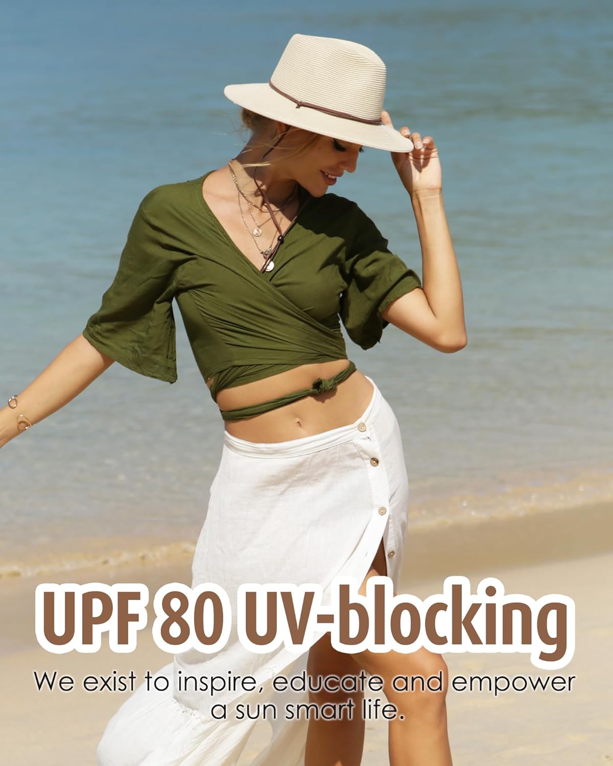 FURTALK Womens Summer Straw Sun Hats Wide Brim Panama Fedora Beach Hat with Wind Lanyard UPF 80+ - Image 5