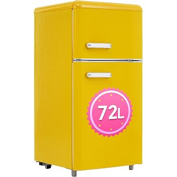 DRIXNO Retro Fridge Top and Bottom Double Door Fridge 72 Litre Total Volume with 21 Litre Freezing Volume 120kWh per Year LED Light Available in Various Colours [Energy Class E]