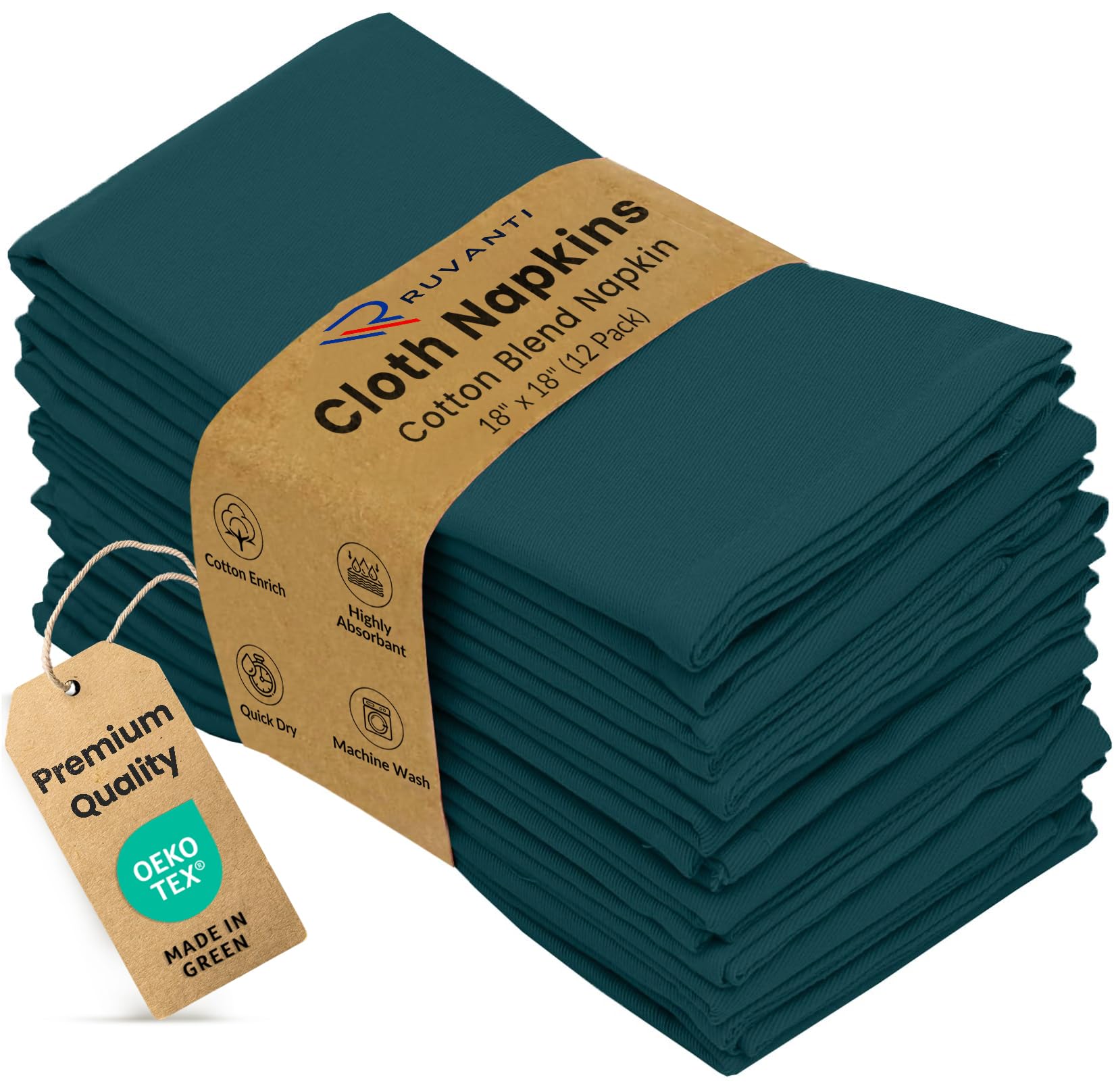 Ruvanti Cloth Napkins Set of 12, 18x18 Inches Napkins Cloth Washable, Soft, Durable, Absorbent, Cotton Blend. Table Dinner Napkins Cloth for Thanksgiving, Halloween Dinners Parties - Deep Teal